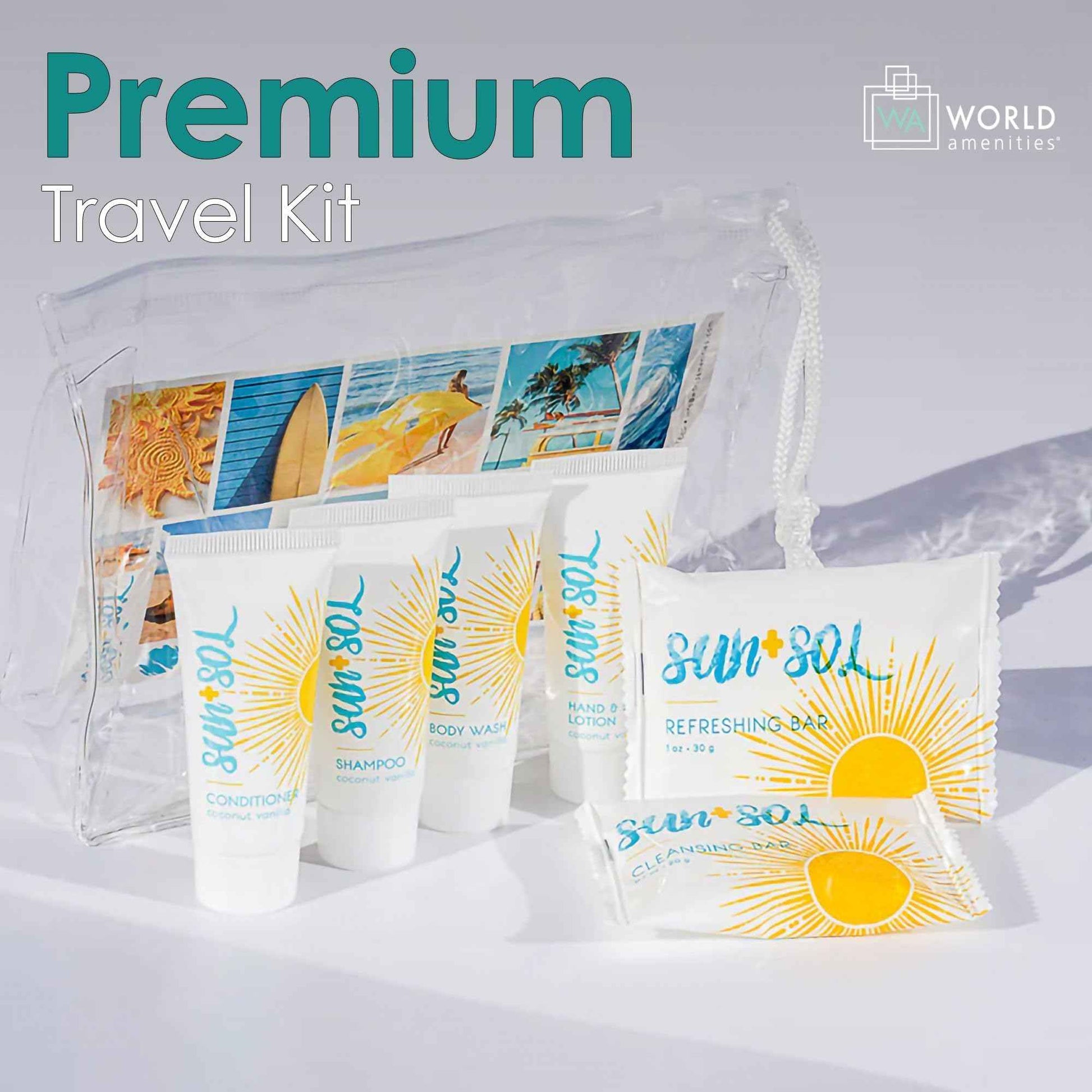 World Amenities - Sun + Sol Mini Size Hotel Toiletries Bathroom Kit | Warm Coconut & Vanilla | Shampoo, Conditioner, Body Wash, Lotion, Cleansing Bar, Refreshing Soap Bar and Moisturizing Massage Bar