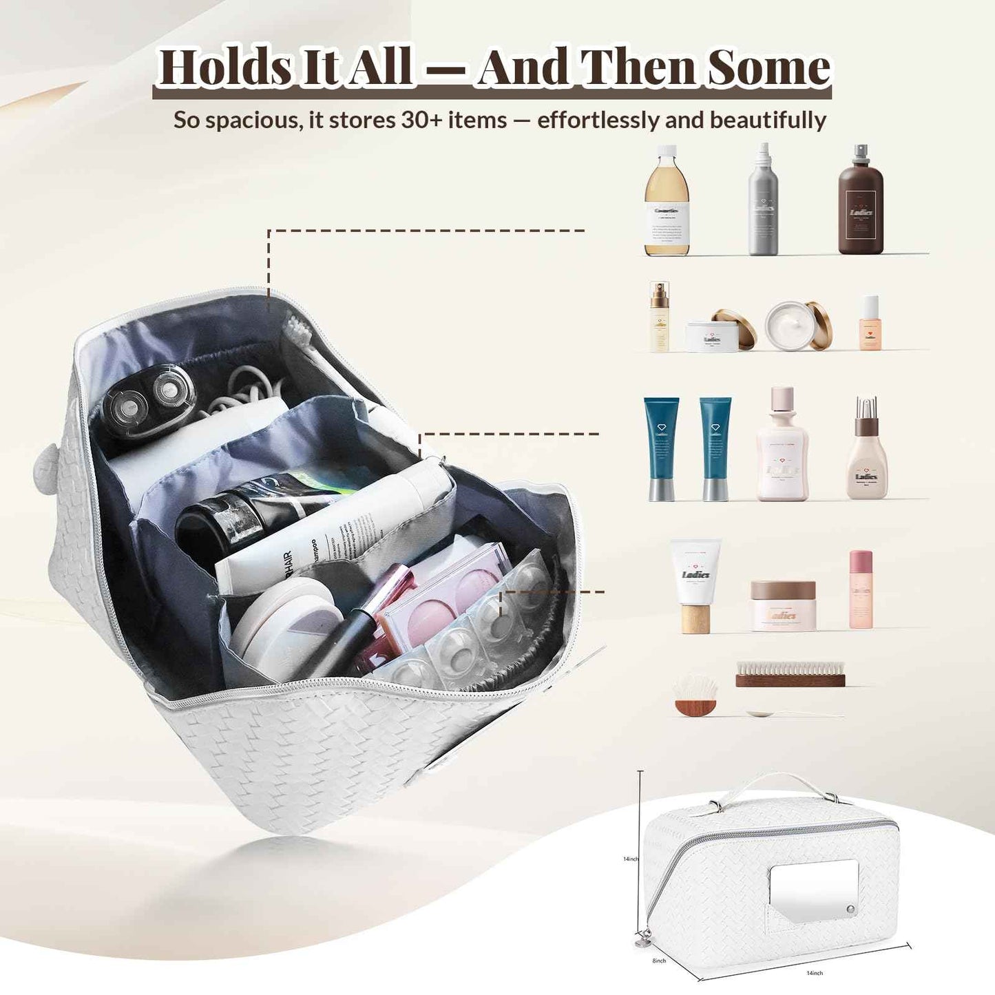 Dogman's Cloud Club Large Checkered Travel Makeup Bag with Mirror – White Plastic Toiletry Bag with 3 Compartments, 4 Side Pouches, Hanging Cosmetic Bag for Skincare, Brides, and Gifts, Easy to Clean