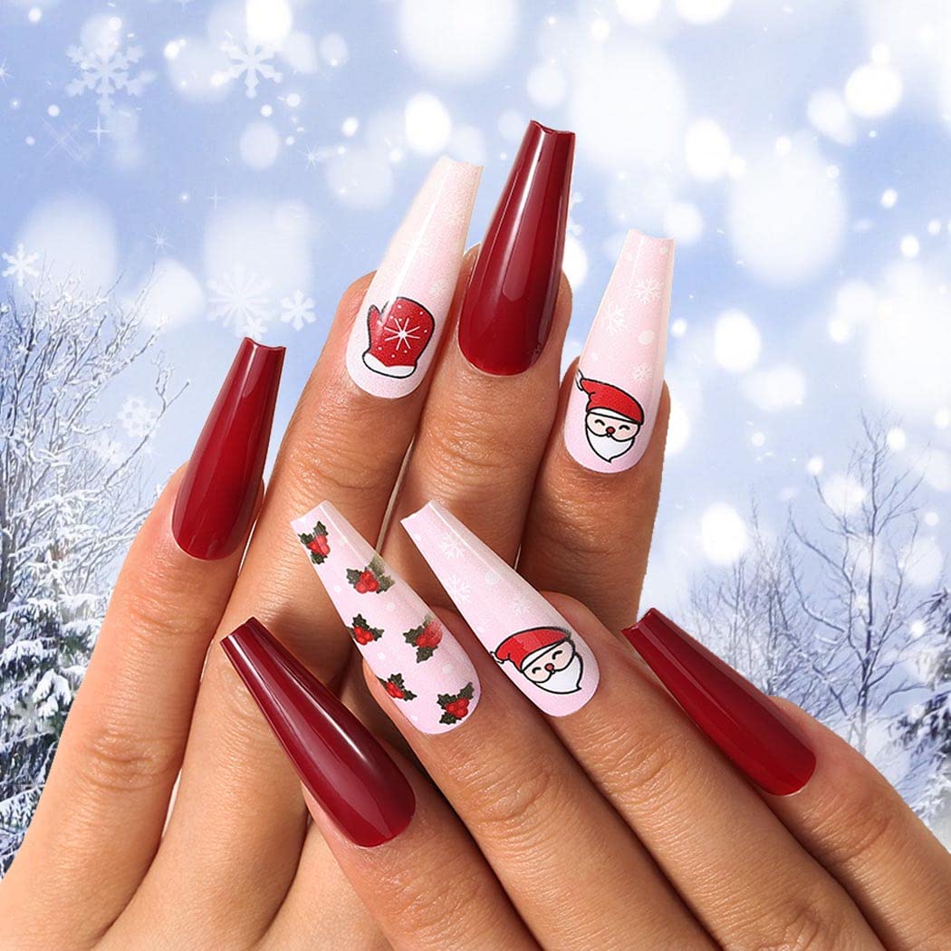 Uranian Coffin Extra Long Press on Nails Snowflake Red Christmas Fake Nails Elk Ballerina Glossy Full Cover False Nails Santa Claus Acrylic Nails Tips for Women and Girls 30 PCS (Pattern-E)