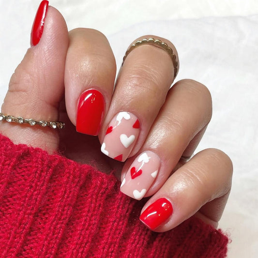 Valentines Day Press on Nails Square Fake Nails Red Nude Stick on Nails with Red White Hearts Designs Acrylic Nails Full Cover Glossy Short Glue on Nails for Women Girls Reusable Nail Decorations24pcs