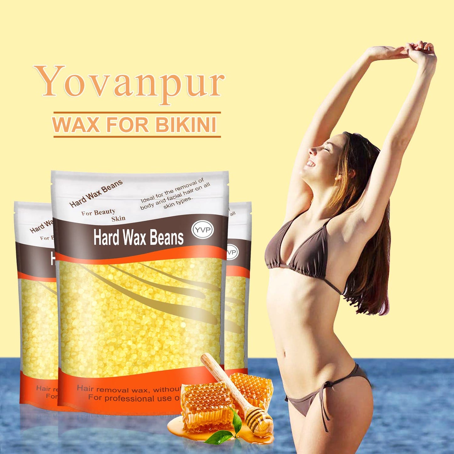 Yovanpur Hair Removal Wax Beads for Brazilian Waxing, Sensitive Skin - Face, Eyebrow, Legs At Home - 300g (10 Oz) with 10 Pearl Wax Sticks (Honey)