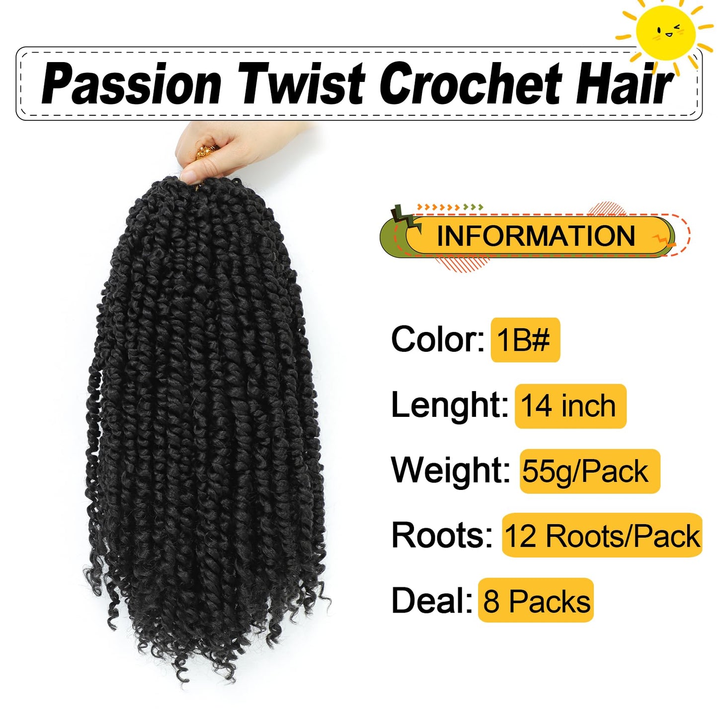 Passion Twist Hair 14 Inch 8 Packs, Pre Twisted Passion Twist Crochet Hair For Black Women, Pre Looped Passion Twist Curly Crochet Hair, Short Crochet Passion Twist Hair (14 Inch (Pack of 8), 1B#)