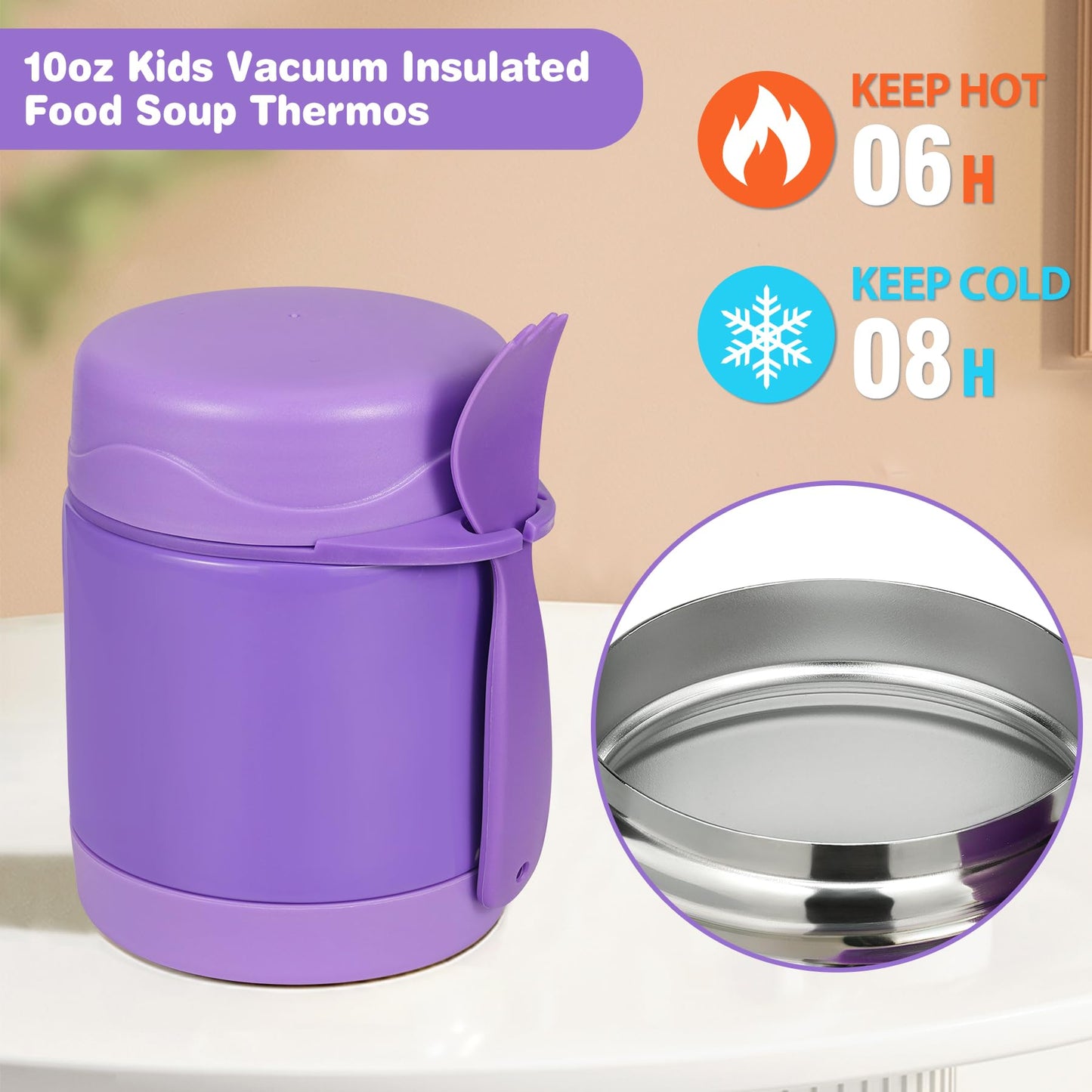 Pawtong10oz Soup Thermo for Hot Food Kids Insulated Food Jar,Thermo Hot Food Lunch Container, Width Mouth Stainless Steel Lunch Box for Kids with Spoon (Purple)