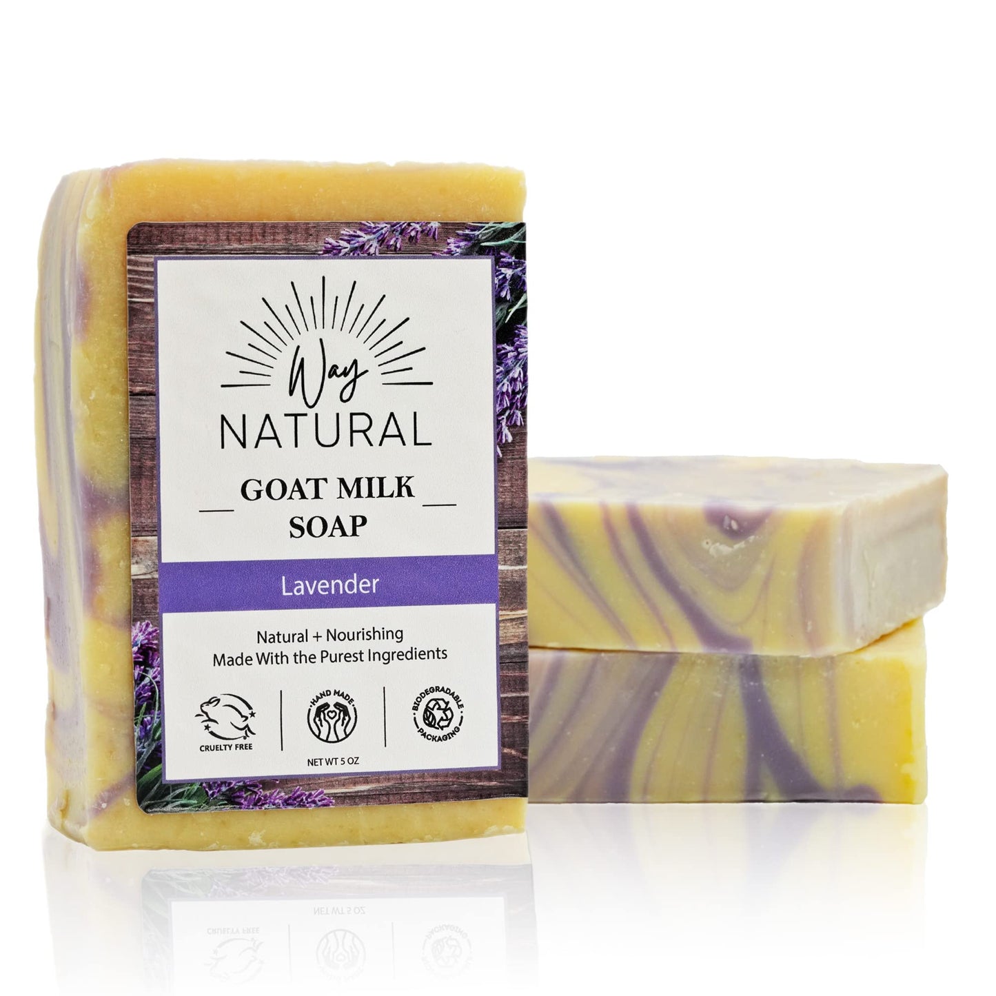 Way Natural Goat Milk Soap Bars, Lavender (3 Hand/Body Soap Bars) - Gentle, No Dyes, Real Goat Milk Bar Soap for Men & Women - Natural Lavender Soap Bars, Organic Goat Soap (Large, 5oz)