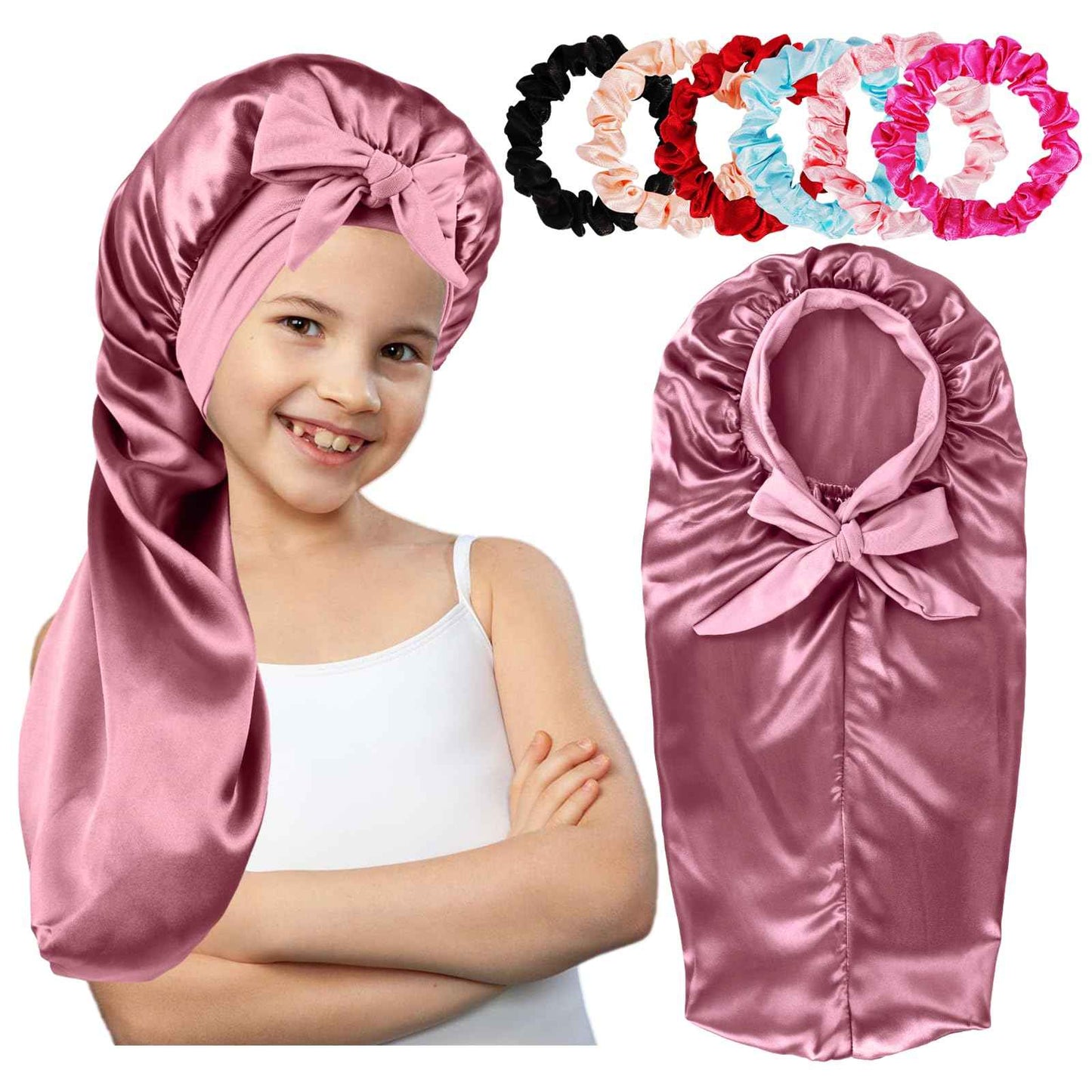 Long Kids Bonnets for Girls,Silk Bonnet for Kid Sleeping,Sleep Cap for Braids Long Hair Curly Hair Rose Gold