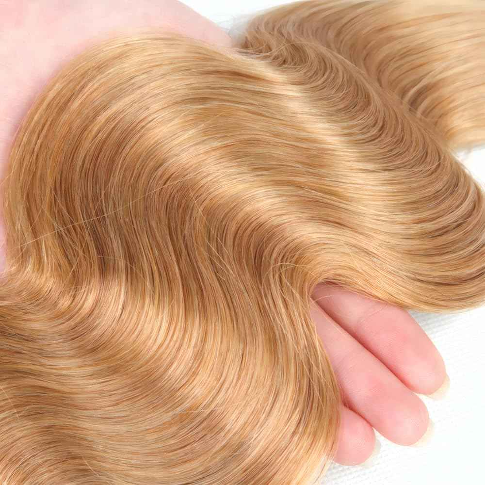 LOIUMGUU Honey Blonde Human Hair Bundles Color #27 Body Wave Bundles 8 10 12 Inch Double Weft Soft Unprocessed Brazilian Virgin Remy Double Weft Soft Real Blonde Hair Extensions