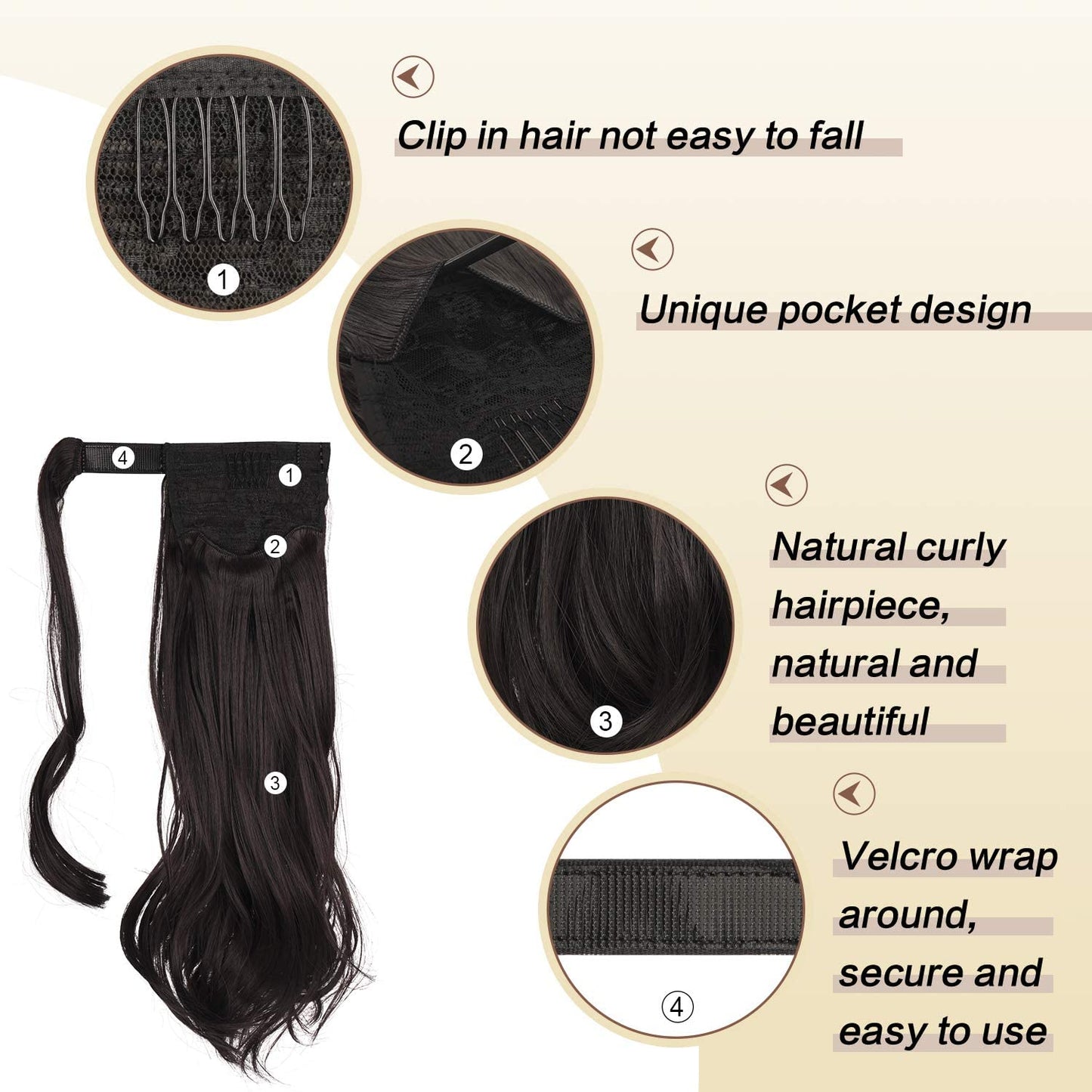 SOFEIYAN Curly Ponytail Extension 15 Inch Heat Resistant Synthetic Natural Wavy Hairpiece Wrap Around Pony Tail Hair Extensions for White Black Women Hair Piece, Dark Brown