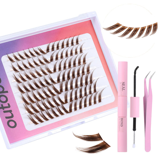 outopen Brown Lashes Extension Kit, Fox Eye Lash Clusters With Tweezer And Glue, 12-16mm C Curl Cat Eye Lash Extensions Kit, DIY Individual Brown Cluster Eyelash (B-Brown)