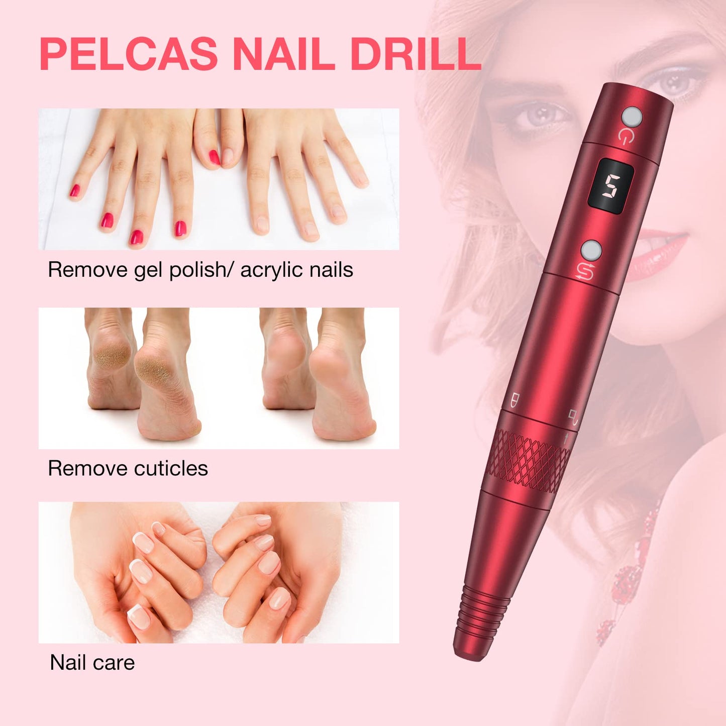 PELCAS Electric Nail Drill, Cordless LCD Nail File Kit 5 Adjustable Speeds 20000RPM Drill Nails Machine for Acrylic, Gel Nail, Manicure Pedicure Grinder Tool