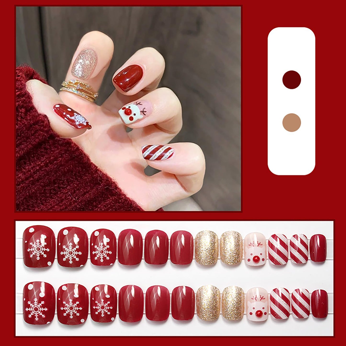 24Pcs Short Christmas Press on Nails Square Fake Nails Cute Elk Design Acrylic Nails Gold Glitter False Nails Full Cover Glossy Acrylic Nails Stick on Nails Jelly Press on Nails for Women and Girls