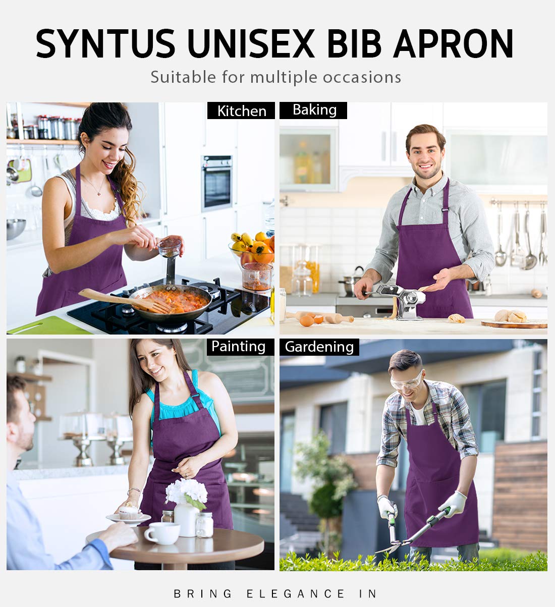 Syntus 2 Pack Adjustable Bib Apron Waterdrop Resistant with 2 Pockets Cooking Kitchen Aprons for BBQ Drawing, Women Men Chef, Purple