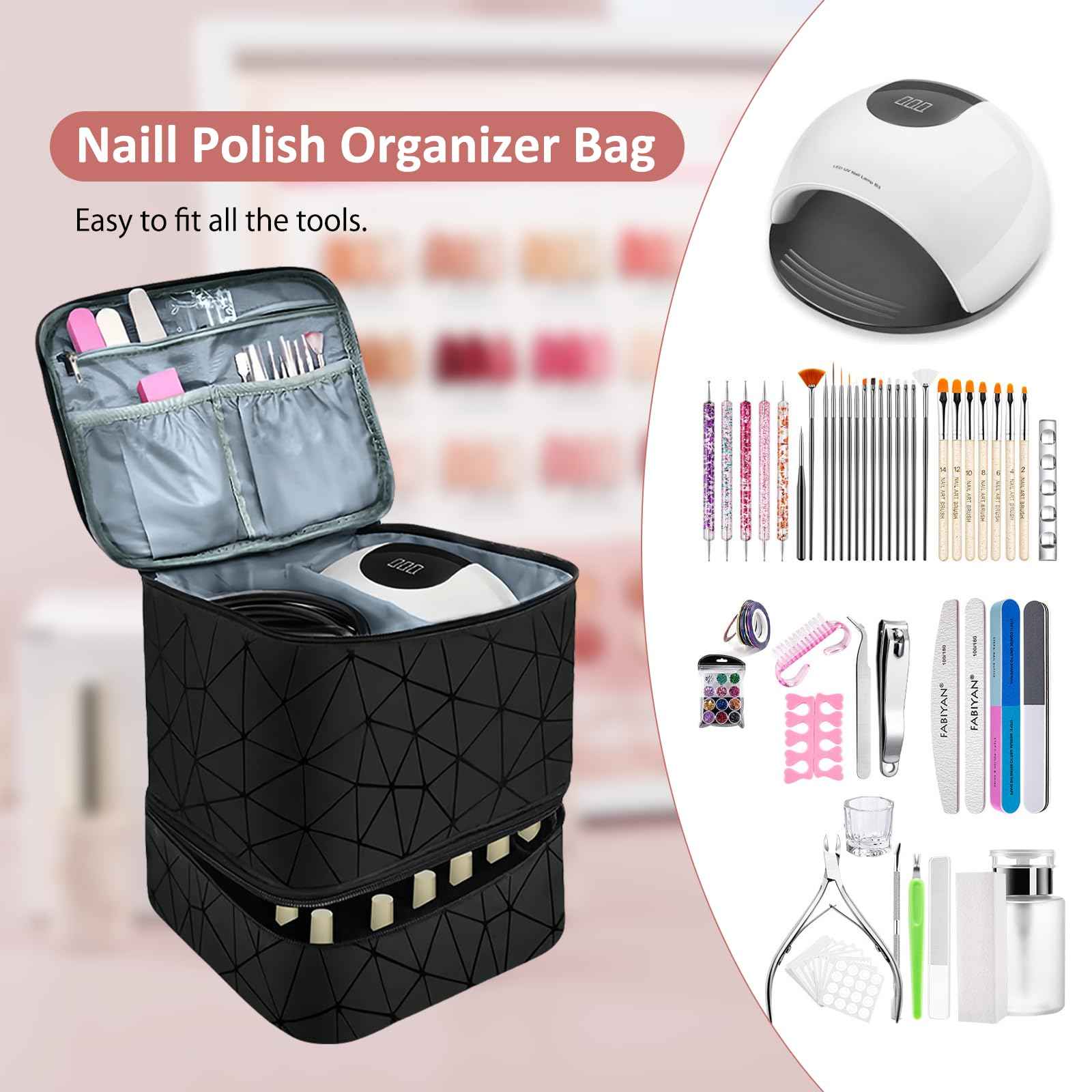 Esoes Nail Polish Organizer Case Double-Layer Nail Bag Storage PU Leather Waterproof Nail Organizer Holds 30 Bottles(15ml) and 1 Nail Lamp Large Travel Nail Supplies Shoulder Bag