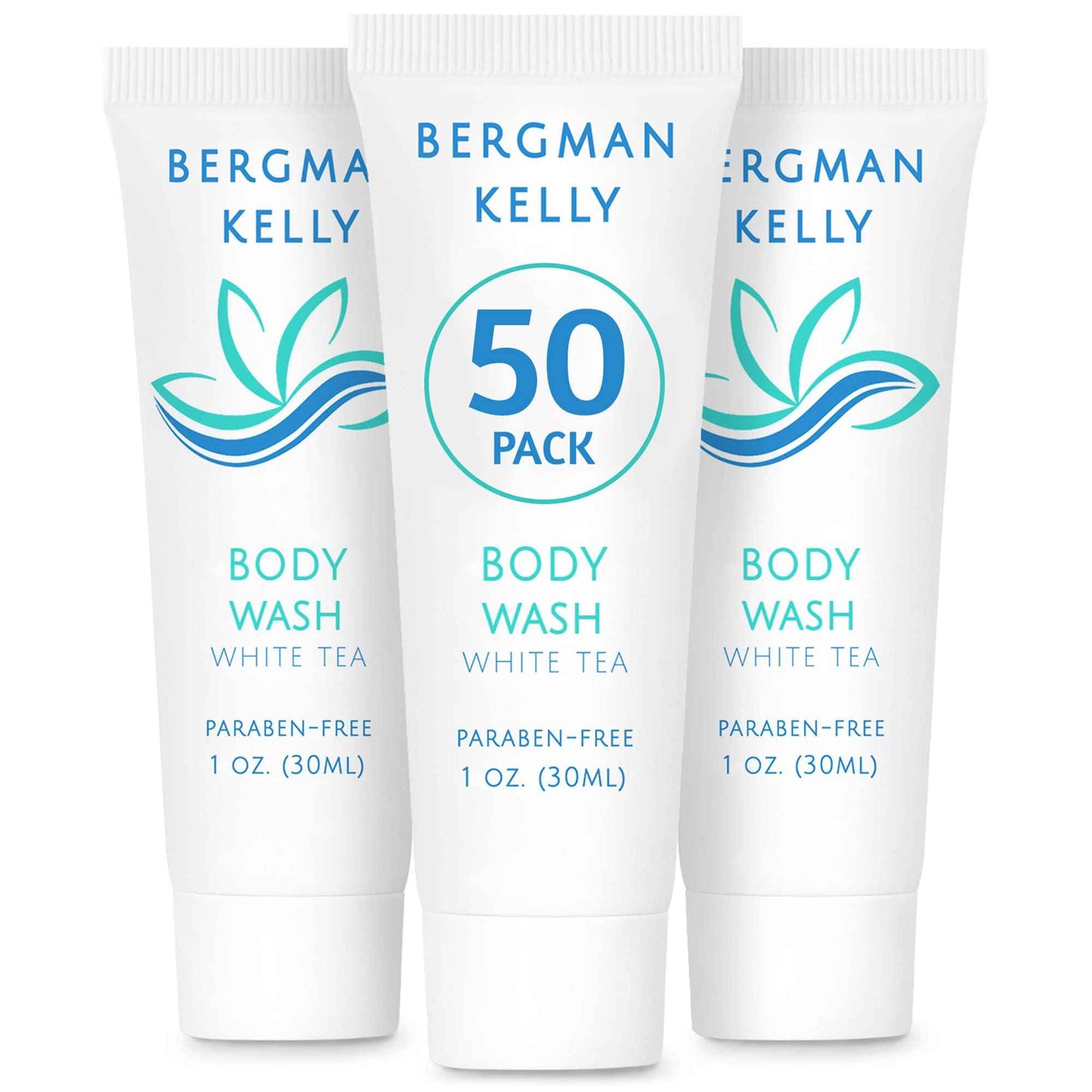 BERGMAN KELLY Travel Size Body Wash (1 fl oz, 50 PK, White Tea), Delight Your Guests with a Revitalizing and Refreshing Hotel Body Wash, Quality Mini and Small Size Guest Hotel Toiletries in Bulk