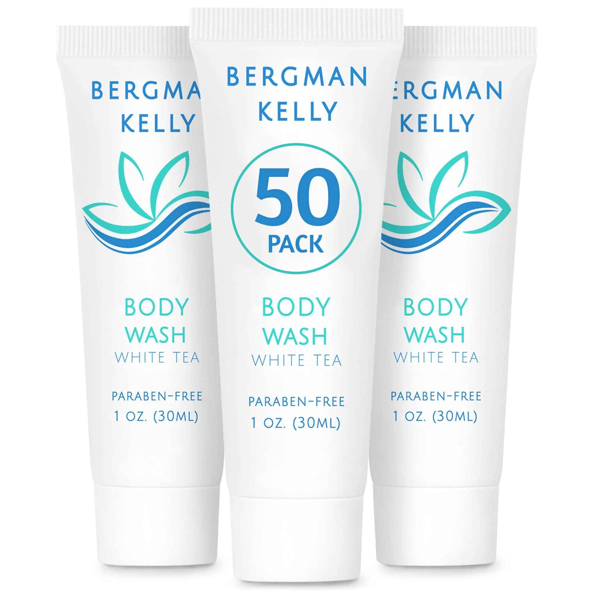 BERGMAN KELLY Travel Size Body Wash (1 fl oz, 50 PK, White Tea), Delight Your Guests with a Revitalizing and Refreshing Hotel Body Wash, Quality Mini and Small Size Guest Hotel Toiletries in Bulk