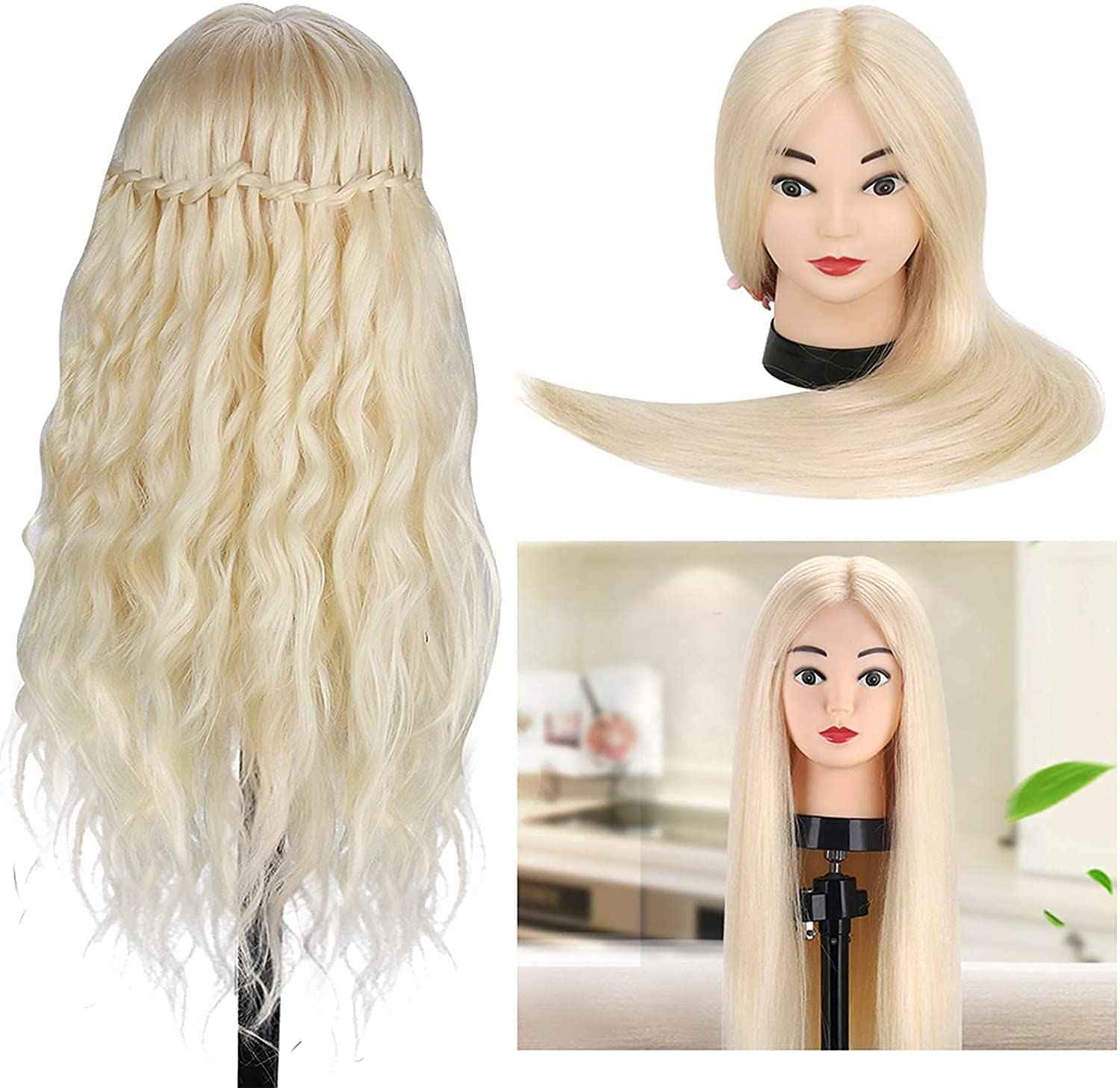 Beauty Star Mannequin Head with 80% Real Human Hair, Doll Head for Hair Styling, Cosmetology Training Manikin Practice Head with Clamp Stand and Braiding Kit (Suitable for Straightening, Curling)