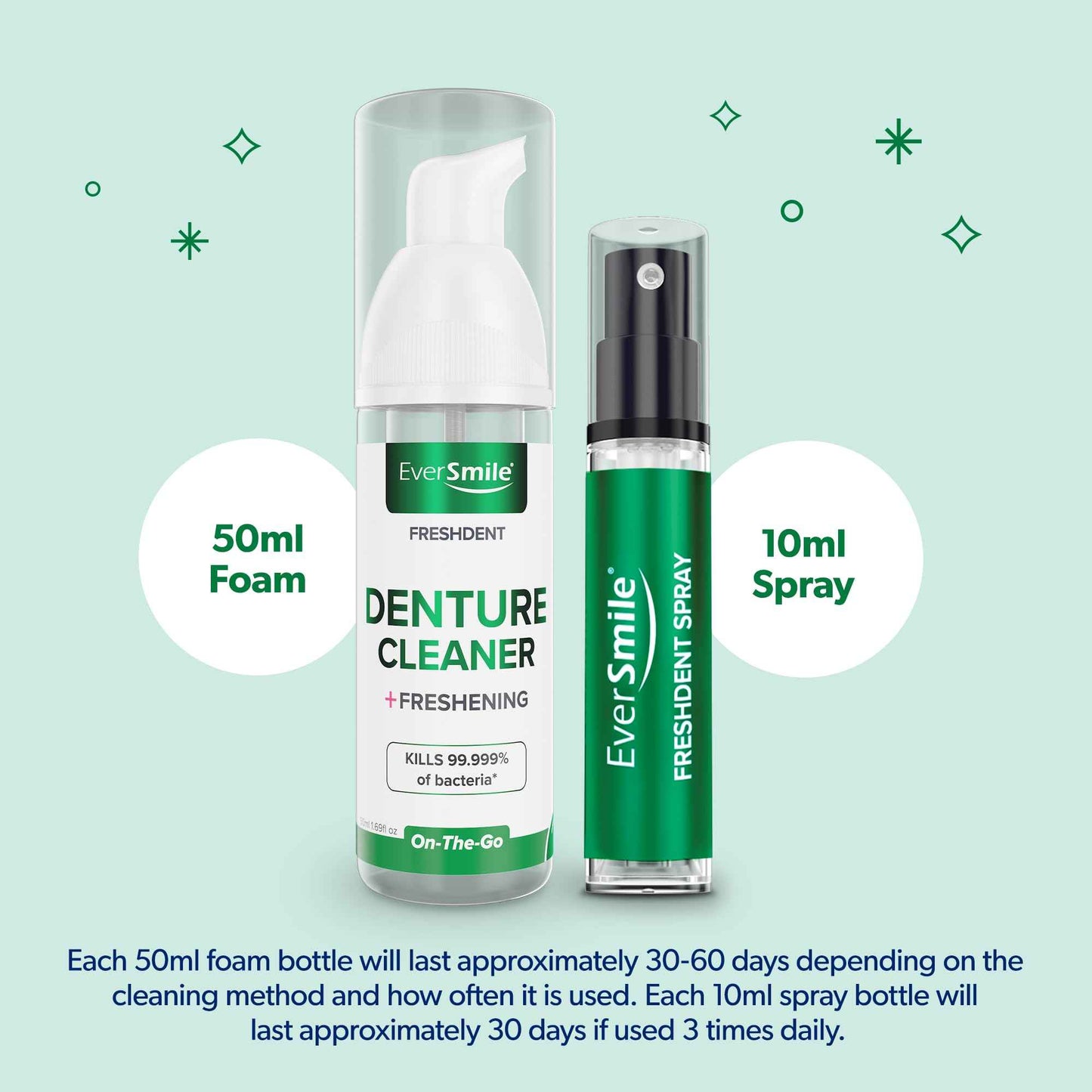 EverSmile FreshDent Denture and Partial Denture Cleaner + Teeth Whitening Spray and Foam– Travel Size Alternative to Cleaning Tablets That Eliminates Bacteria and Fights Bad Breath – 50ml + 10ml (2pk)