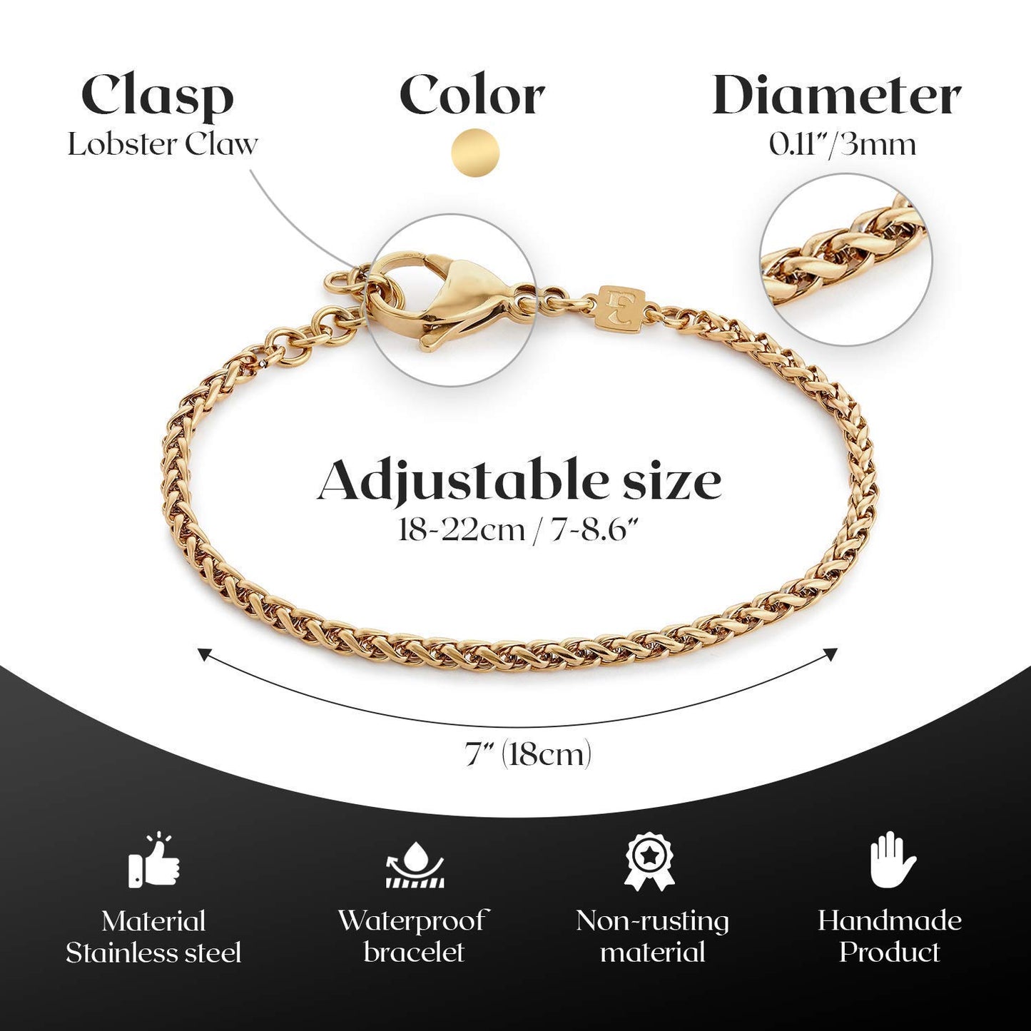 Galis Gold Rope Chain Bracelets for Women and Men - Unisex Premium Stainless Steel Bracelet for Men and Women, Gold Plated Non Tarnish Bracelet, One Wrap Wheat Chain Style with Lobster Claw Clasp 7"