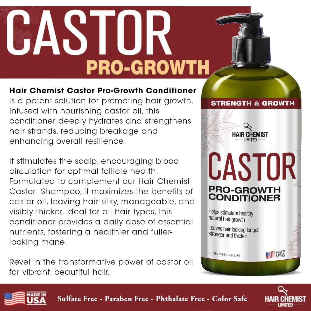 Hair Chemist Castor Pro-Growth Shampoo 33.8 oz. AND Conditioner 33.8 oz. 2-PC Boxed Gift Set - Made with Natural Castor Oil for Hair Growth, Sulfate Free Shampoo & Conditioner Set