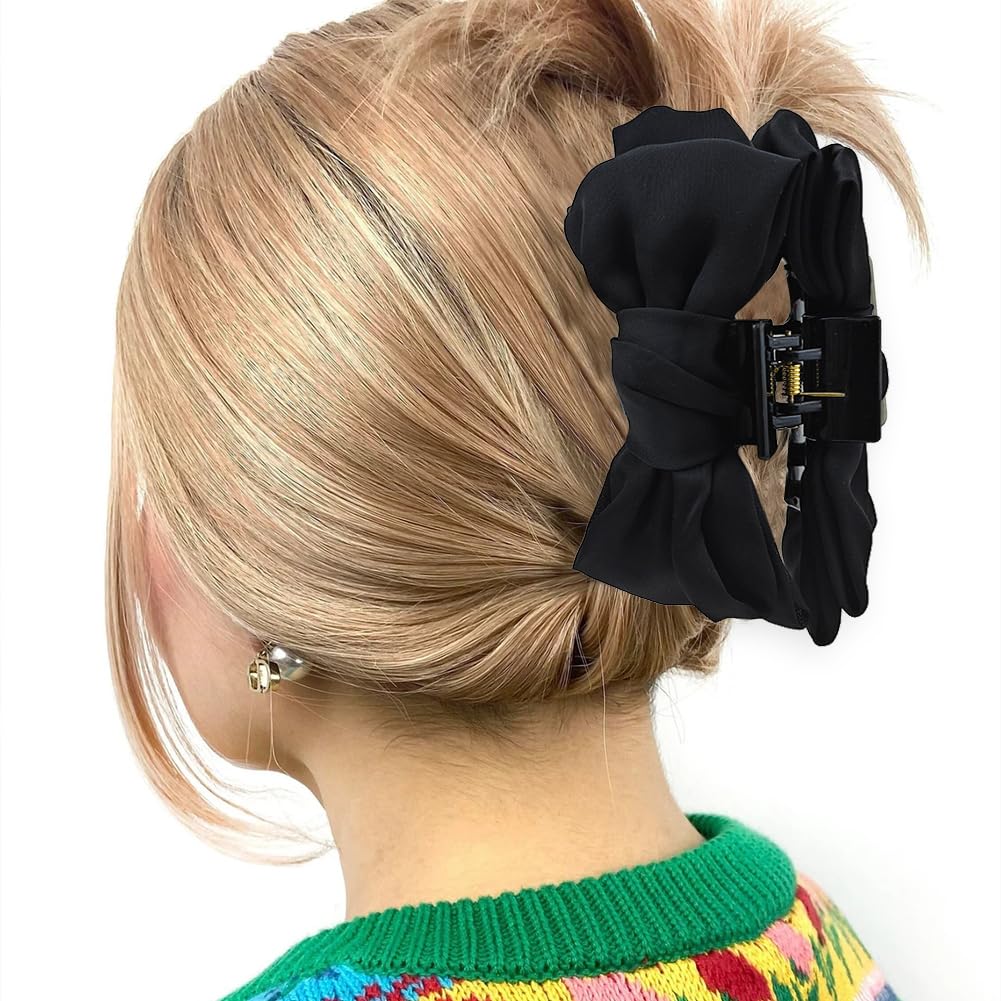 4 PACK Large Black Satin Nonslip Bow Claw Hair Accessories for Women