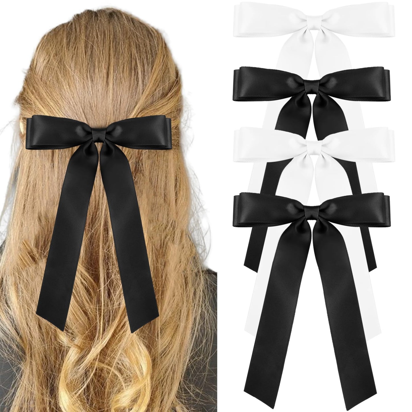 Zkptops Hair Bow Clip, 4Pcs French Style Satin Hair Bow with Long Tassel and Metal Hairpin, Cute Bowknot Barrettes Hair Accessories for Women Girls (Black, White)