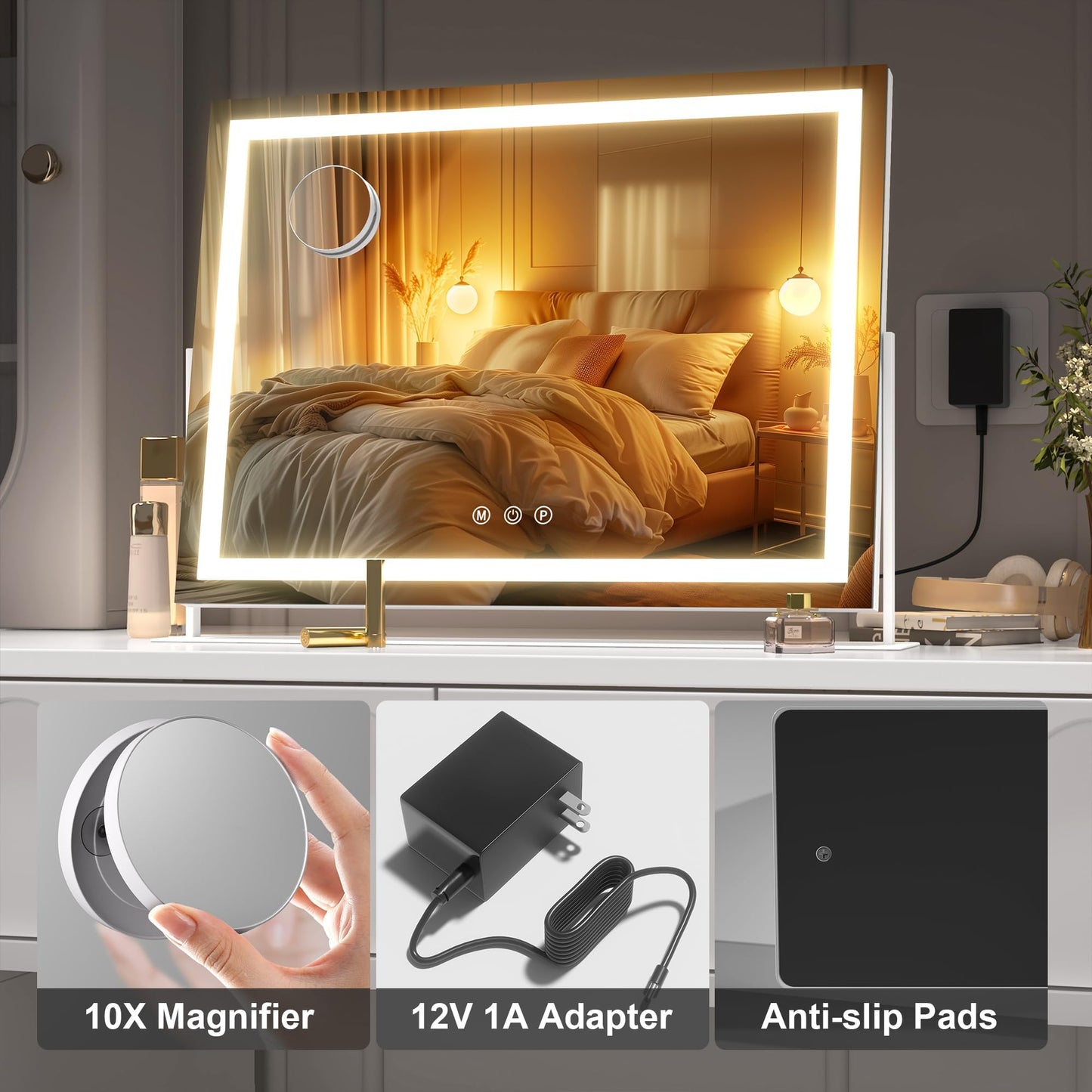 Hasipu Vanity Mirror with Lights, 12" x 10" LED Makeup Mirror, Light up Mirror with 10X Magnification, Smart Touch 3 Colors Dimmable, 360° Rotation (White)