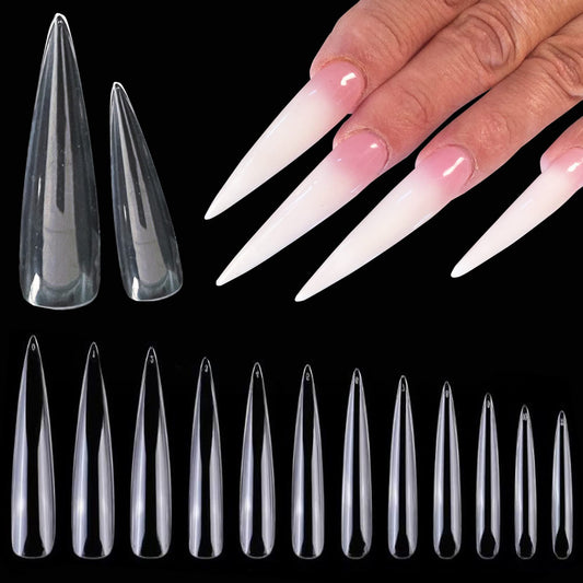 AddFavor 600pcs XXXL Clear Stiletto Nail Tips Extra Long 3xl Full Cover Fake Nails Professional Acrylic Artificial False Nail Tips for Salons & Home DIY Manicure, 12 Sizes