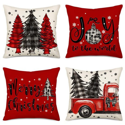 Fukeen Merry Christmas Pillow Covers 22x22 Inch Set of 4 Red Black Buffalo Plaid Farmhouse Truck Christmas Tree Decorations Throw Pillows Snowflake Joy to The World Winter Cushion Covers Couch