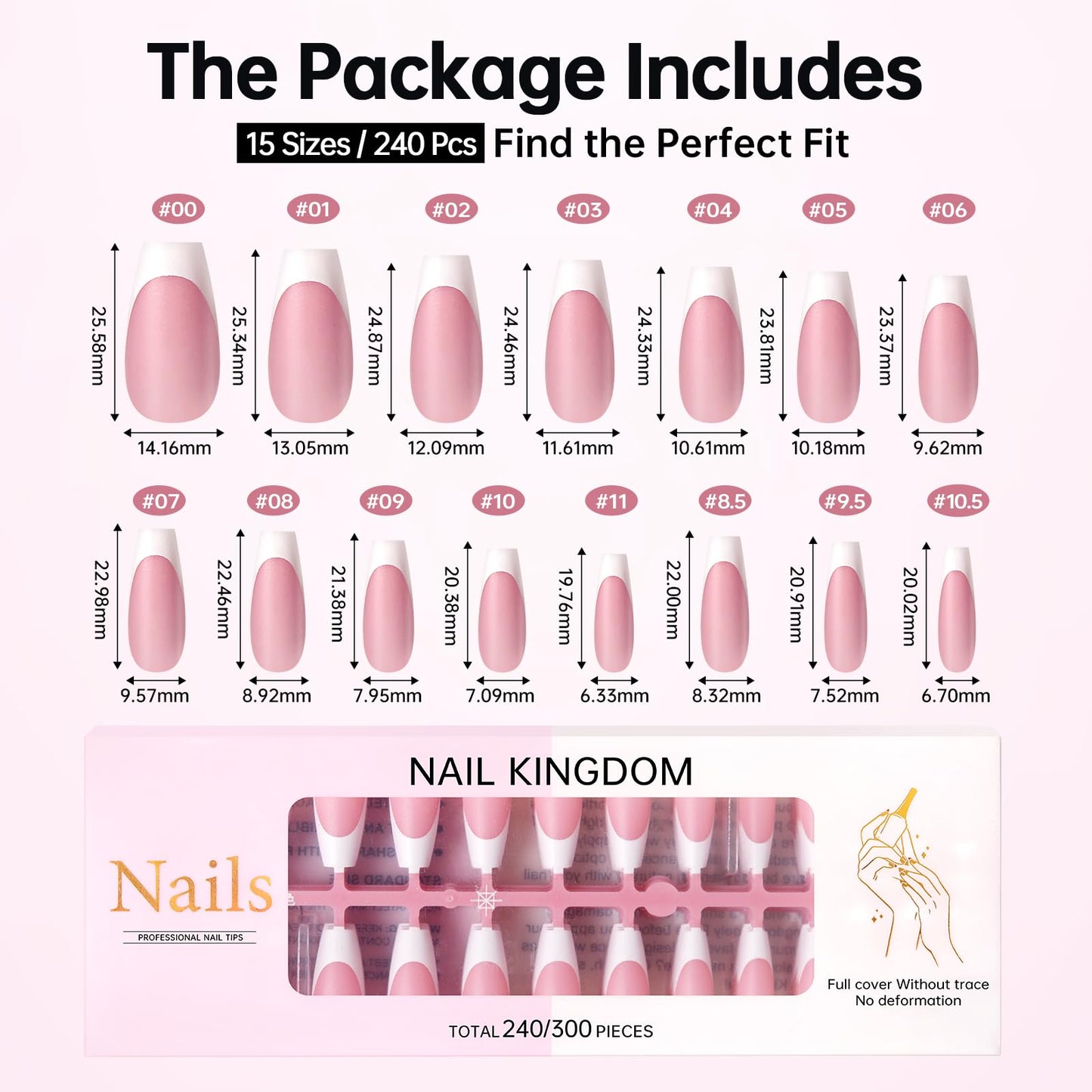 CHRISTINE SHELLY French Gel Nail Tips 240Pcs French Tip Press on Nails Pink Long Coffin 4 in 1 Pre-applied Tip Primer & Base Coat No Need to File Fake Nails for Salon & DIY 15 Sizes White