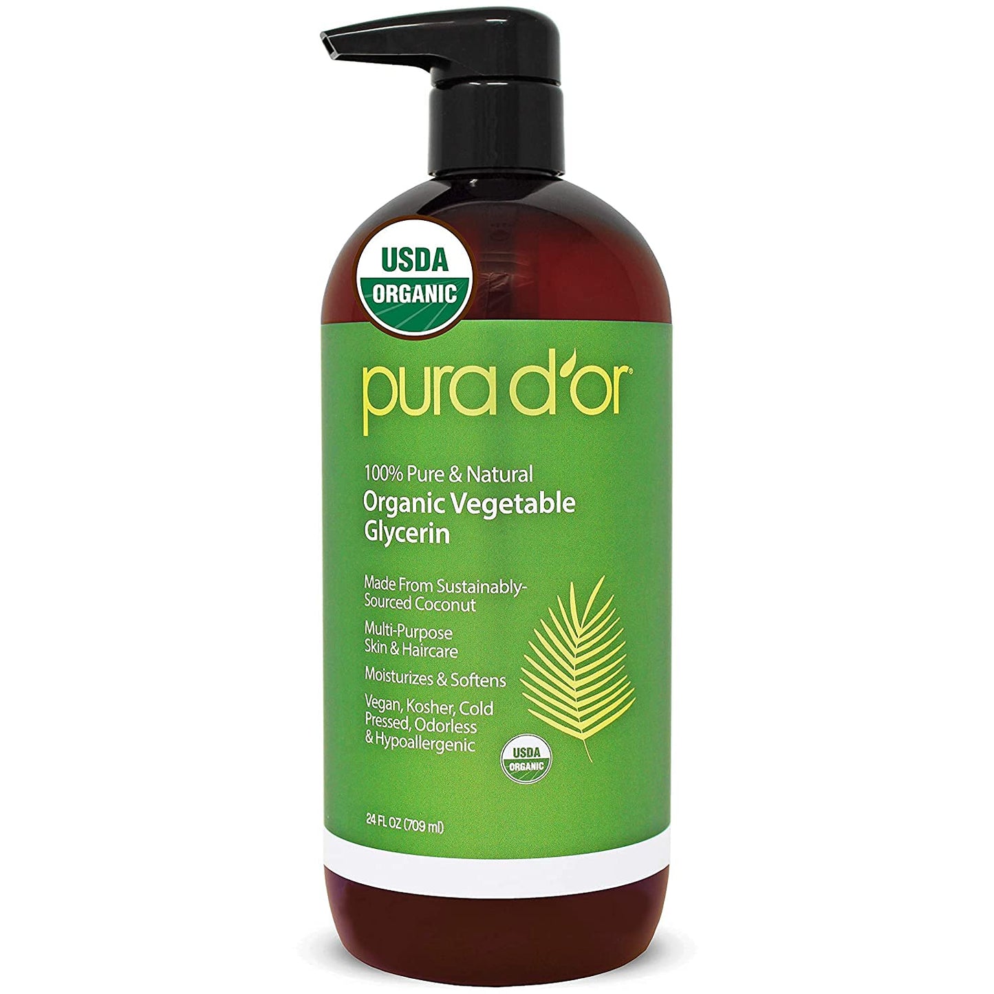 PURA D'OR Organic Vegetable Glycerin (24oz) Derived from Coconut,100% Pure Premium Grade,Clear & Odorless,Non-GMO,USP Grade,Kosher,Vegan,Cold Pressed,Hair,Skin & DIY Base (Packaging may vary)