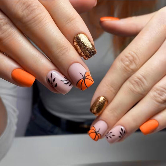 Halloween Press on Nails Short Square Fake Nails with Pumpkin Golden Glitter Designs Pink orange Glue on Nails Halloween Nails Press ons Acrylic False Nails for Women Girls 24 Pcs