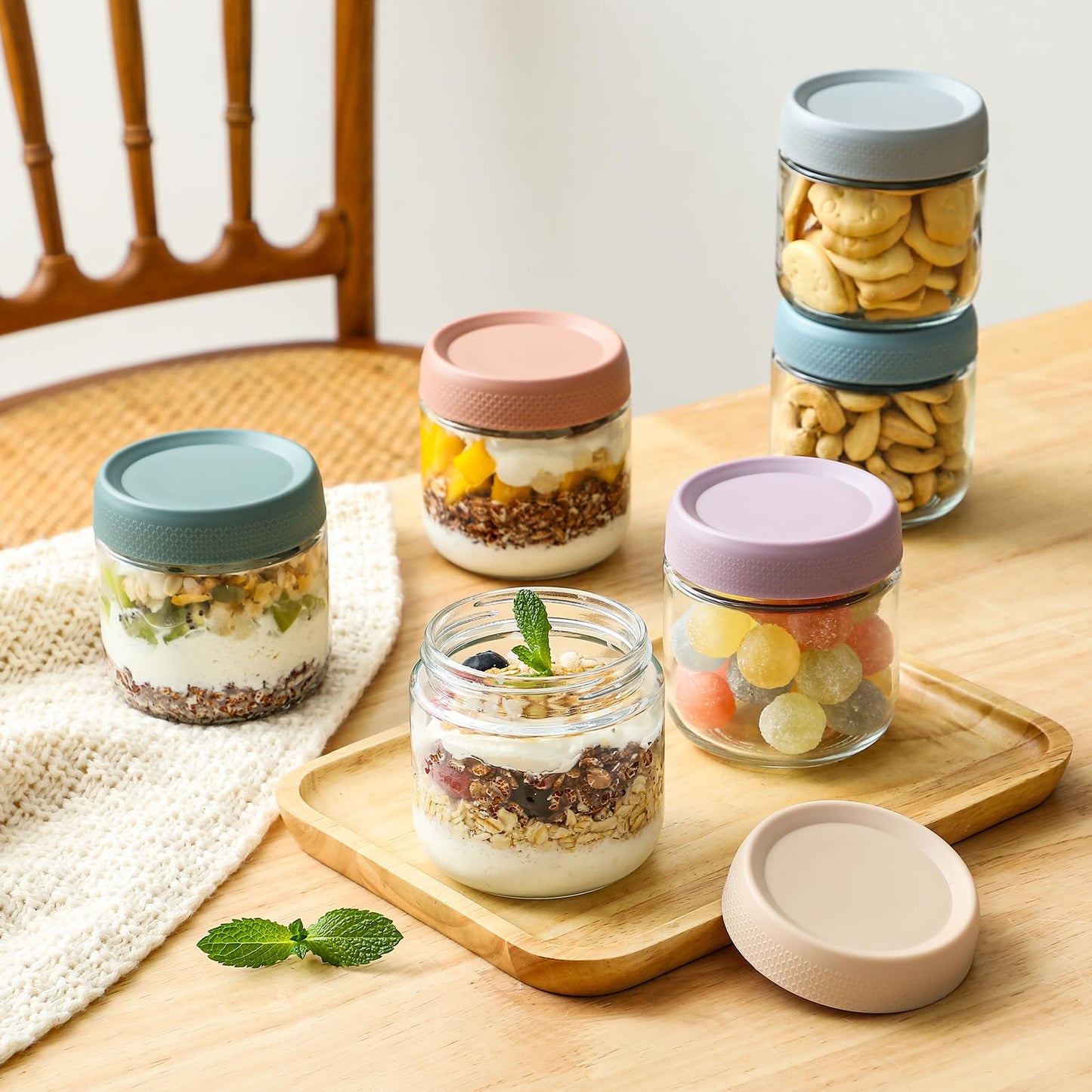 NETANY 6-pack 10oz Glass jars with Airtight Lids, Overnight Oats Containers with Lids, Wide mouth Mason Salad jars, Glass Food Storage Containers for Snacks Yogurt Spice Sugar