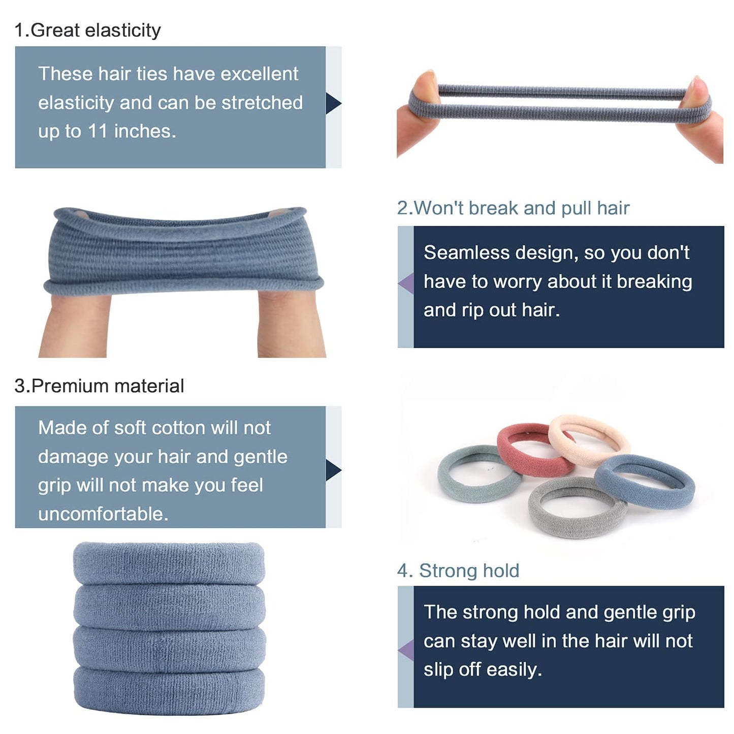 100PCS Seamless Cotton Hair Ties, Soft Elastic Ponytail Holders for Thick and Thin Hair, No Damage, Lake Blue Color