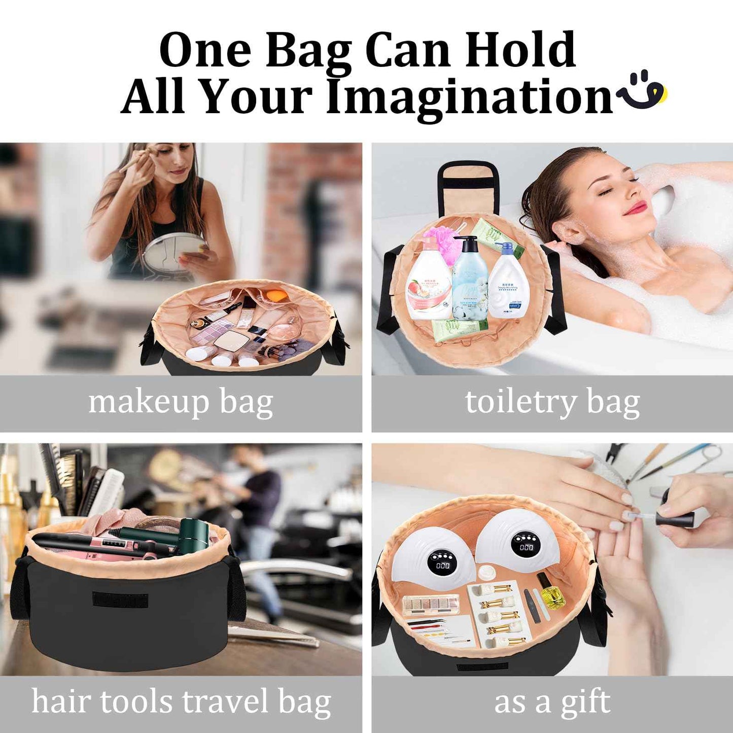 TAPMEI Barrel Drawstring Makeup Bag Large Travel Makeup Bag,Portable Large Capacity Cosmetic Bag Toiletry Organizer for Travel Accessories Make Up Essentials and Hair Product,Gifts (Black)