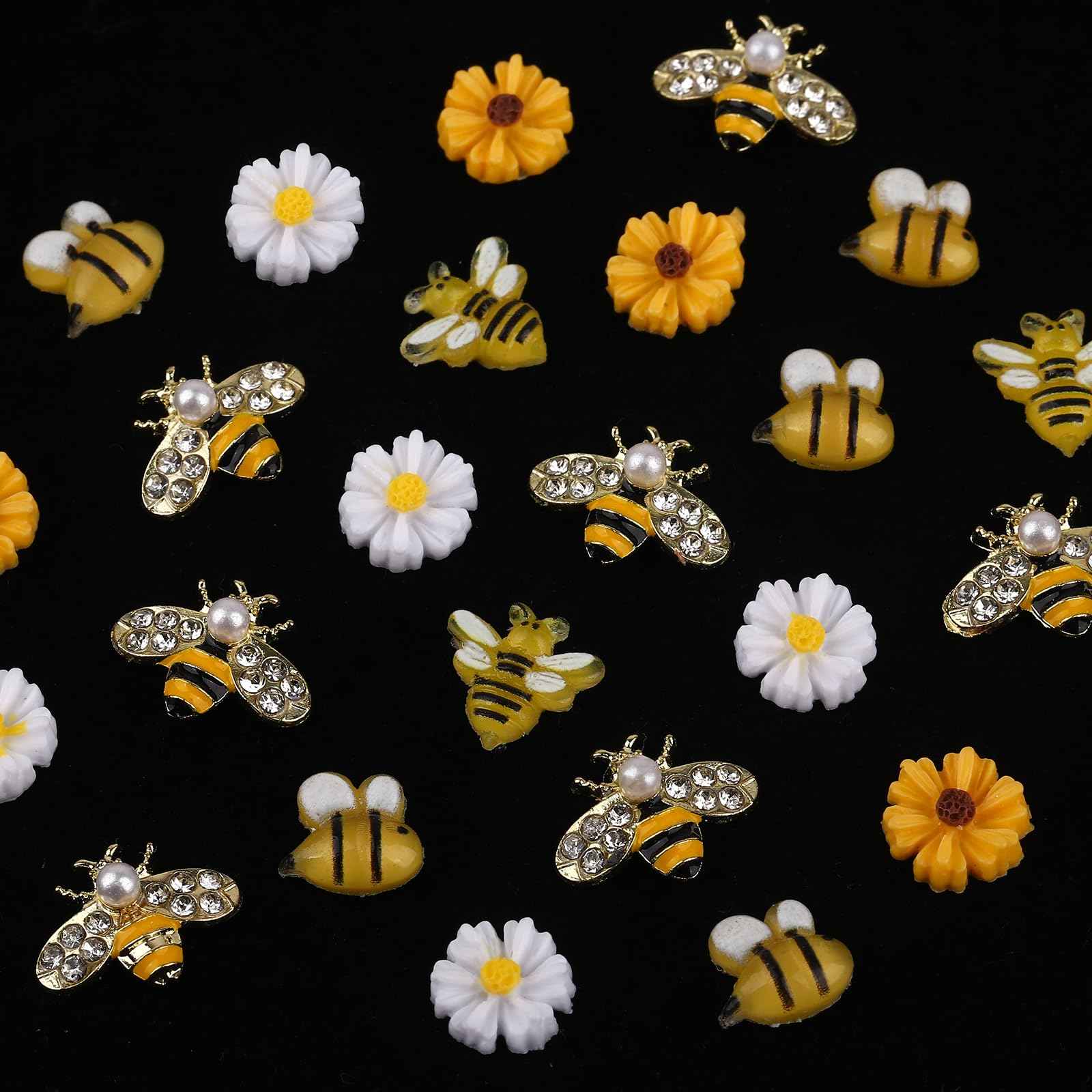 ROFIBUT Tiny Bee Nail Art Charms Resin Cartoon Daisy Flower Nail Gems 3D Gold Alloy Bees Jewelry Charms for Nails, Spring Summer Daisy Sunflower Nail Rhinestones for Women DIY Nail Decoration 60Pcs