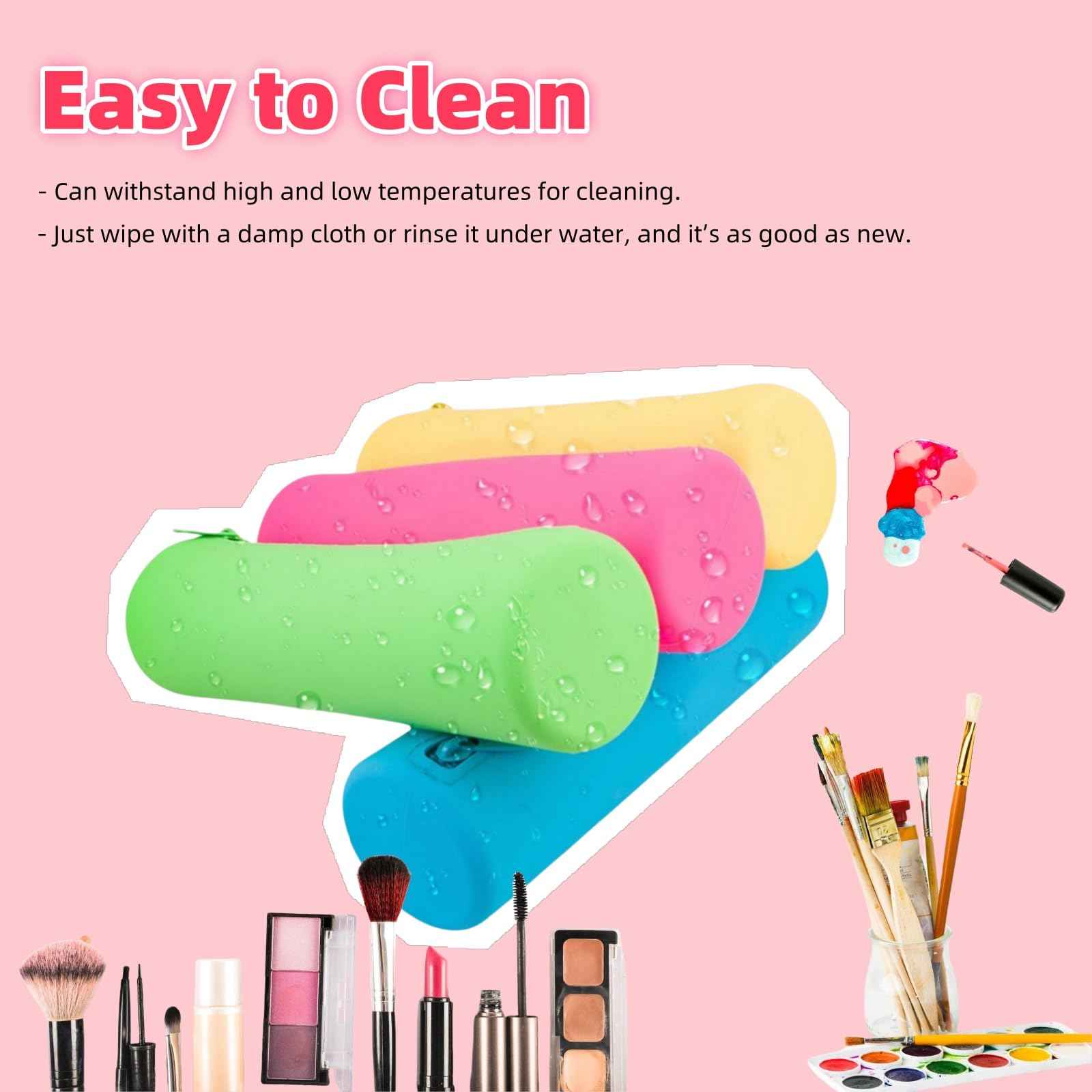 monolane 4 Pieces Silicone Makeup Toiletries Pouches, Silicone Stationary Holder, Waterproof Cosmetic Zipper Pouch, Digital Electronics Storage Bag, Beach Essential Travel Pouch (Neon)