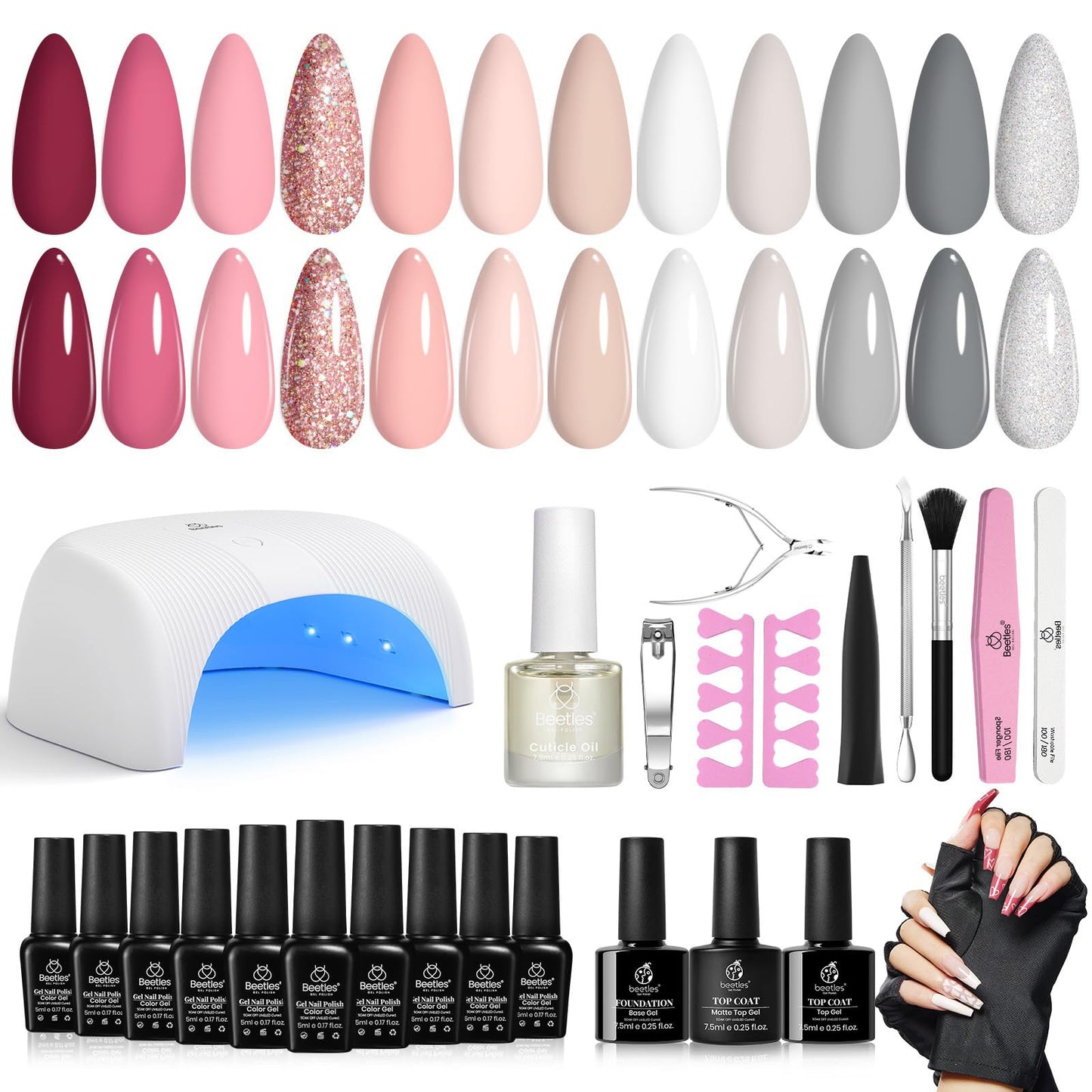 Beetles Gel Polish with Led Light Nail Lamp 12 Colors Manicure Kits, Kiss of the Rose White Nude Gel Nail Polish Grey Diy Home Gifts for Girls Women