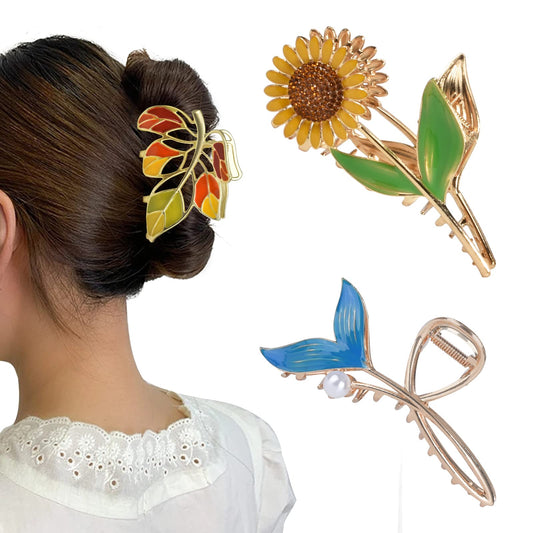 Yonchic 3-Piece Flower Metal Hair Clips, Muticolor Leaves Hair Claw for Thin/Medium Thick Hair, Elegant Sunflower Floral Barrettes Strong Hold Clamps Non-Slip Cute Fish Tail Claws Accessories