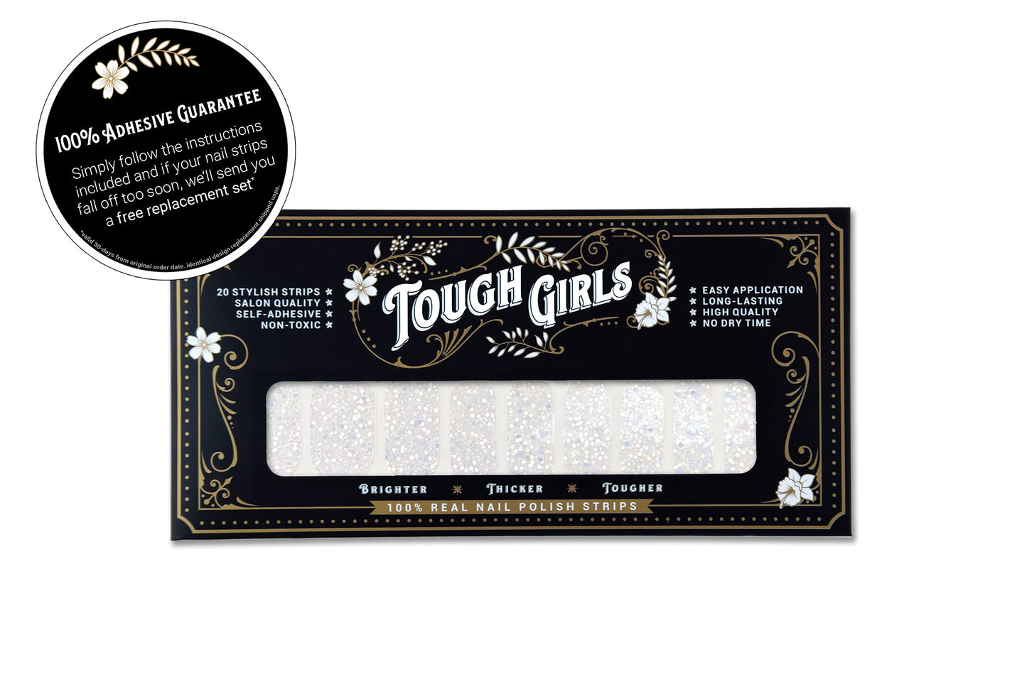 TOUGH GIRLS | 20 Exquisite Gel Nail Polish Strips w/Application Accessories - No UV/LED Lamp Required (Clear & Sparkle)