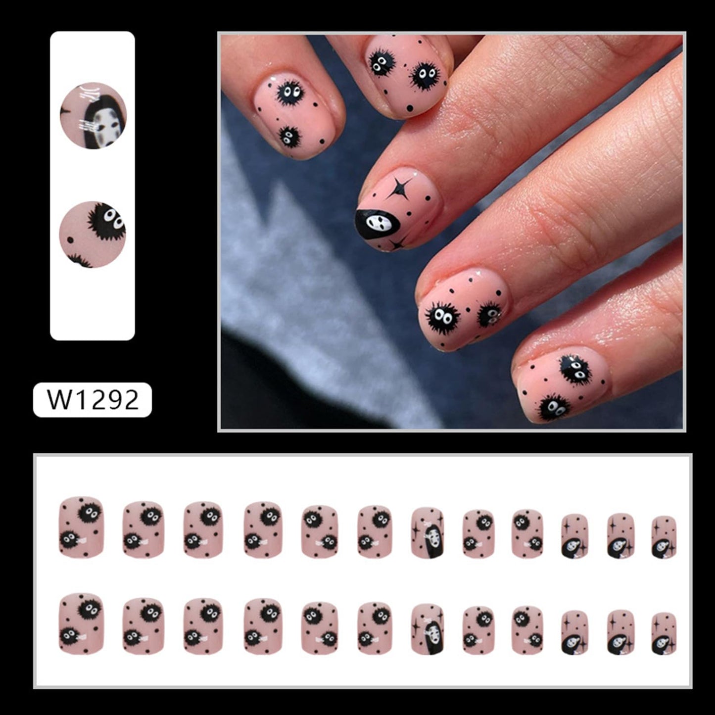 Halloween Press on Nails, Short Square Fake Nails Nude Pink False Nails Glossy Acrylic Nails Star Little Devil Virus Halloween Stick on Nails Full Cover Artificial Nails for Women Girls Manicure 24Pcs