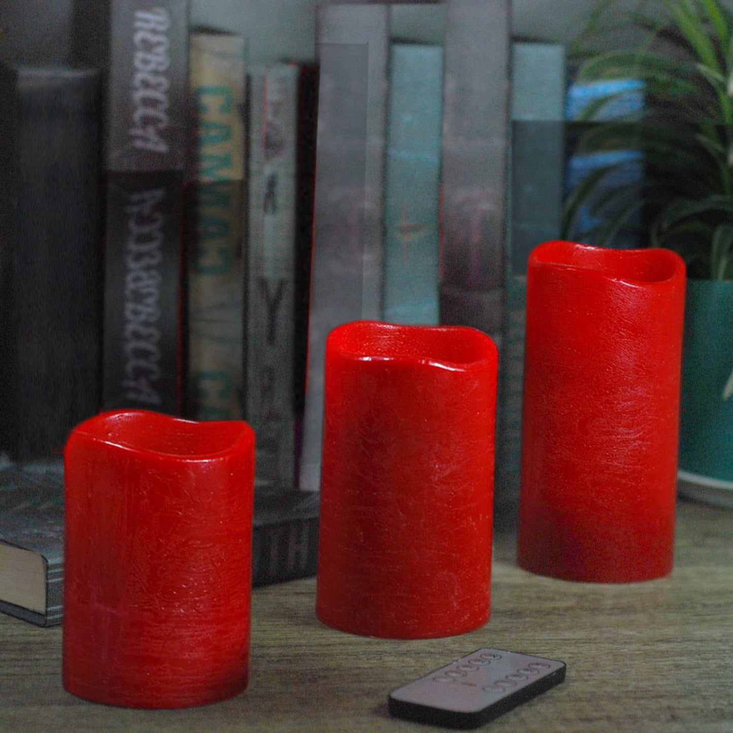 M Mirrowing 3-Pack Flickering Flameless Candles with Remote Control and Timer, 450+Hour Battery Operated LED Candle with Red Real Wax Shell for Christmas, Halloween, Party Décor (Batteries Included)