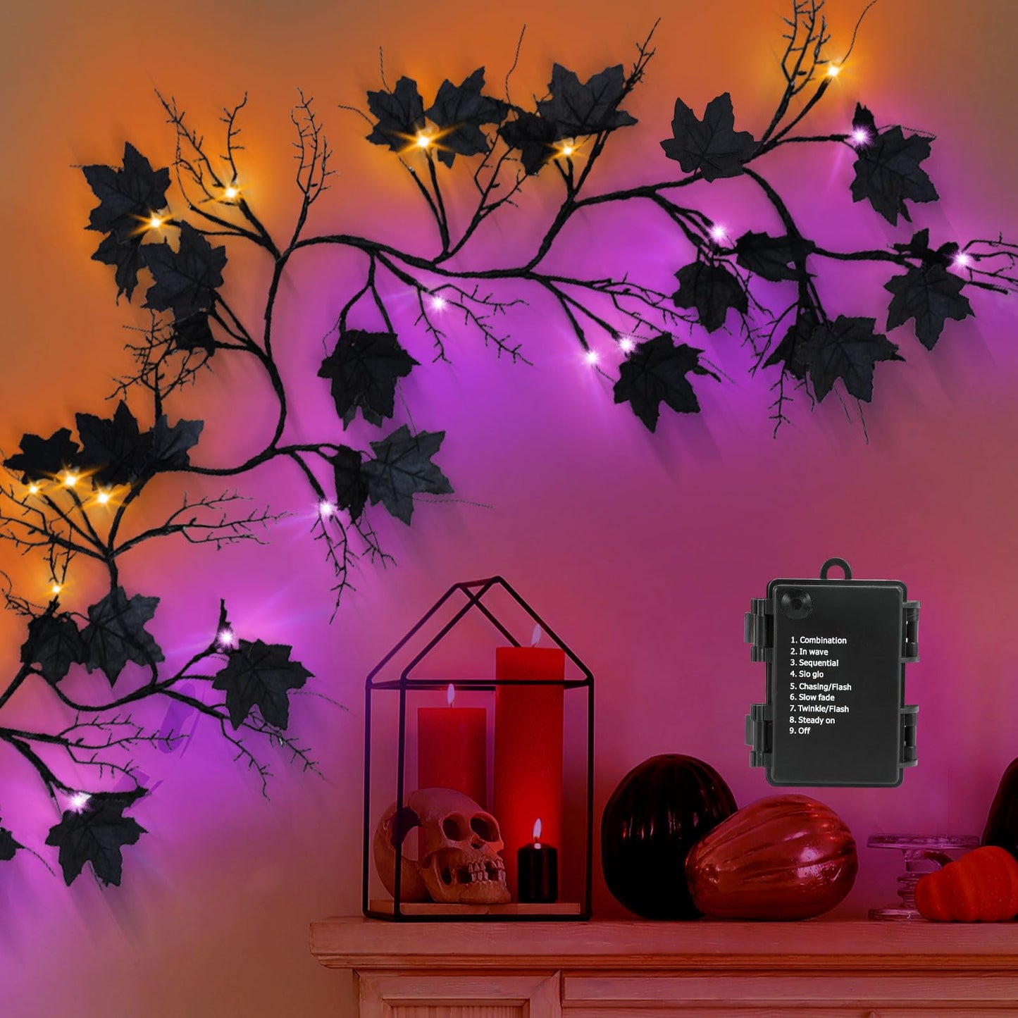 [ 8 Modes & Timer] 6 Ft Halloween Maple Leaf Willow Vine Garland Decorations Clearance with 54 LED Orange & Purple Lights, Battery Operated Waterproof Halloween Decor for Home, Indoor, Wall, Fireplace