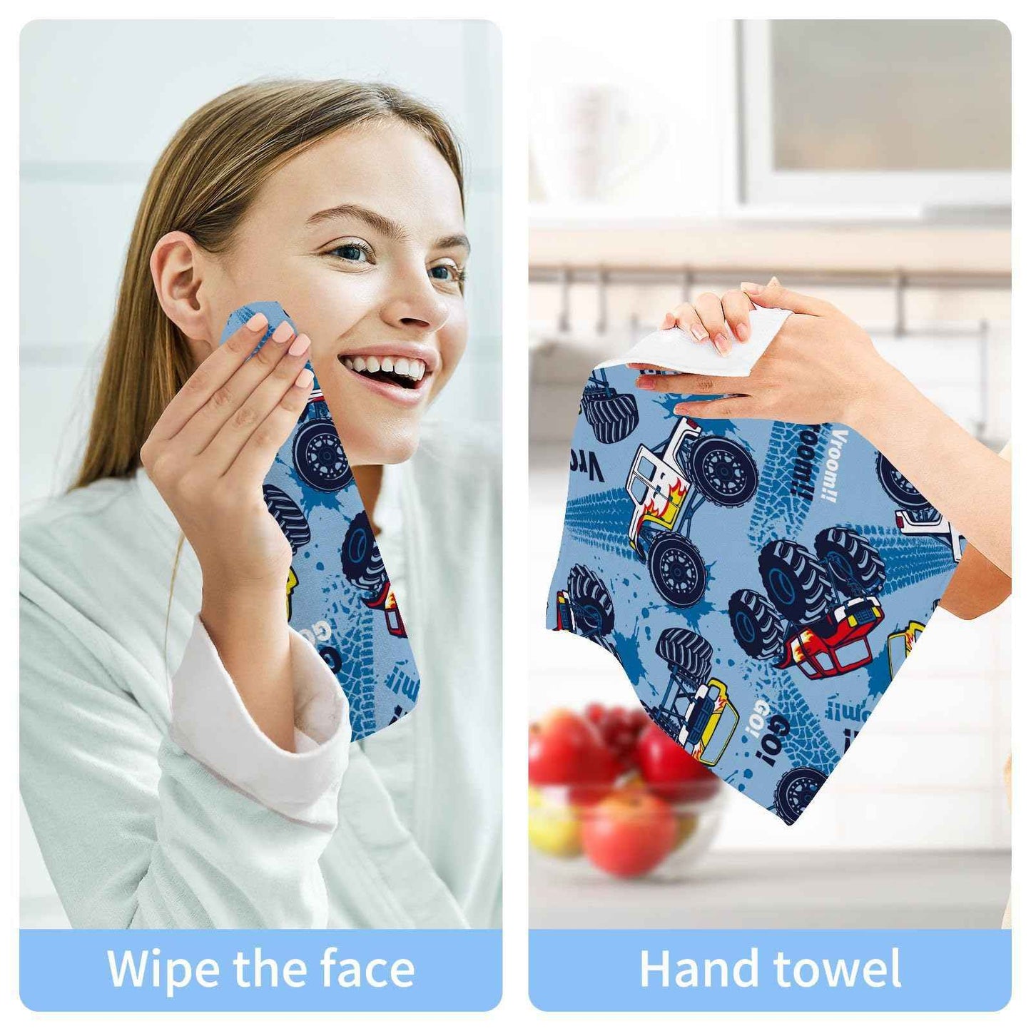 SUABO Soft Cotton Kid's Bath Washcloths,Monster Truck Cars Towel,Set 6