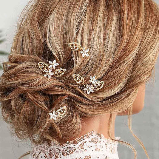 Heread Crystal Bride Wedding Hair Pins Gold Leaf Hair Pieces Bridal Hair Accessories for Women and Girls (Pack of 4)