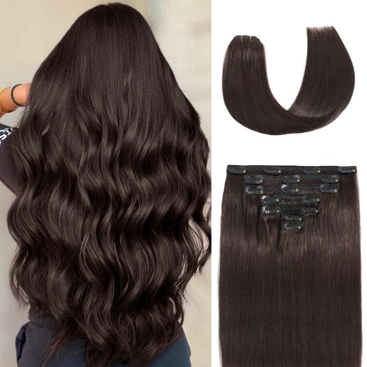 Clip In Hair Extensions Real Human Hair 12Inch 90g 100% Remy Human Hair Extensions Clip Ins Invisible Seamless Straight Human Hair Clip In Extensions 7pcs Double Weft 2#(Black Brown)