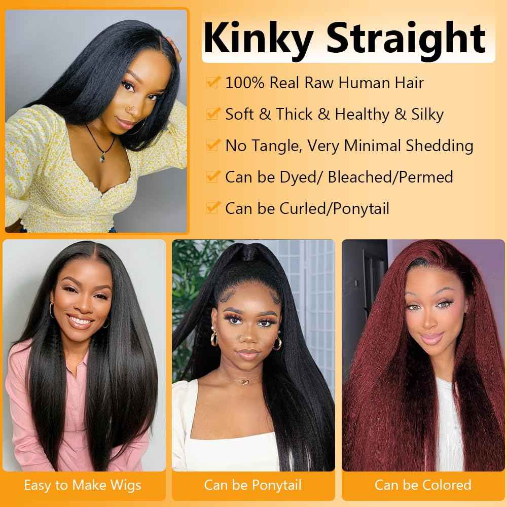 QTHAIR 16A Kinky Straight Lace Closure (16inch) 4x4 Free Part 150% Density Top Swiss Lace Natural Kinky Straight Human Hair Closure with Baby Hair