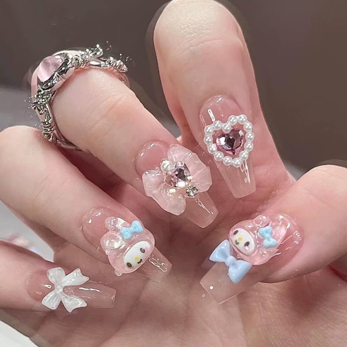 NLSJMP Thick Acrylic Press on Nails, Handmade Gel Press On Nails Long Square, bling pearl Cute bow rhinestone Kawaii Fake Nails Kit,Reusable 10 Nails Size M,#949