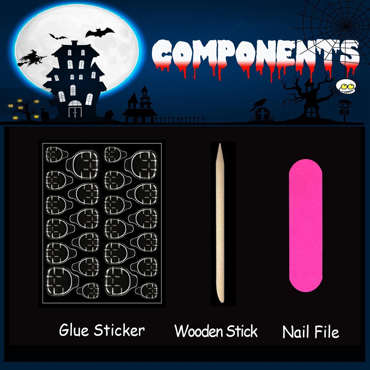 Halloween Press on Nails Long Square Fake Nails White French Tip False Nails Full Cover Coffin Nails Press Ons with Design Red Blood Drops Glue on Nails Acrylic Stick on Nails for Women 24Pcs