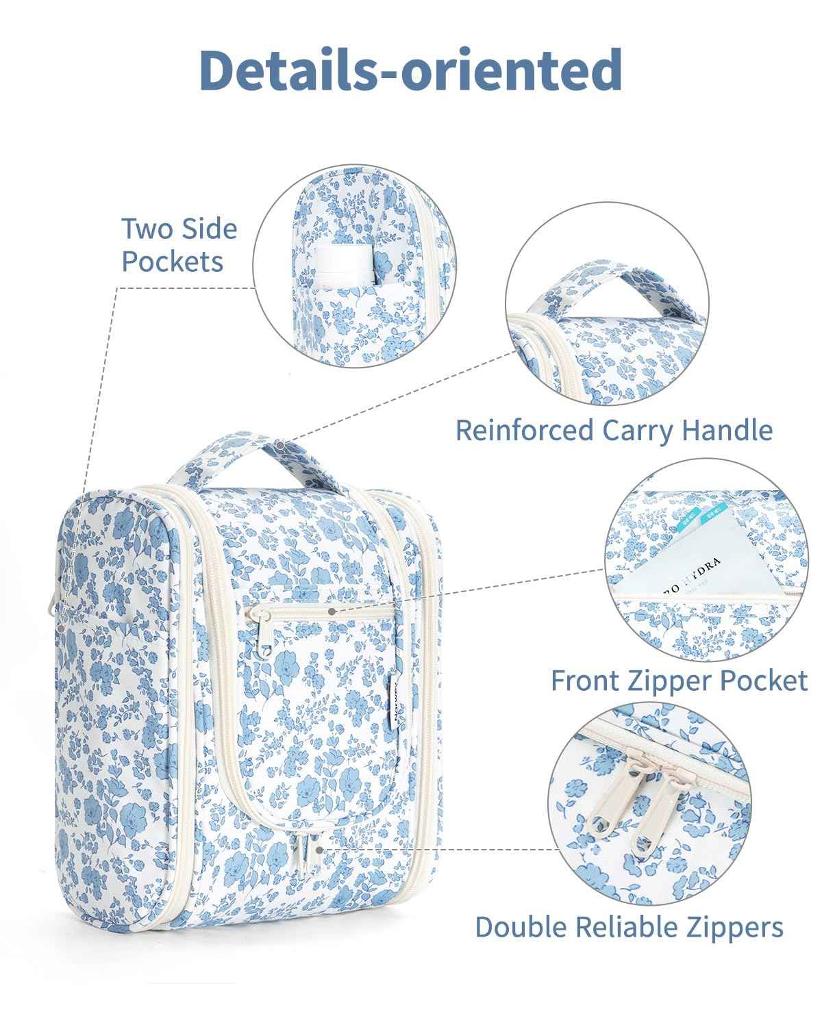 Narwey Hanging Toiletry Bag Women Travel Makeup Bag Organizer Toiletries Bag for Travel Size Essentials Accessories Cosmetics (Medium,Little Blue Flower)