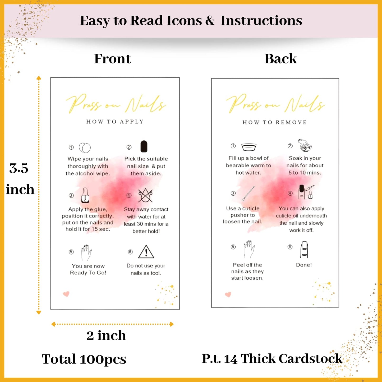 Press on Nail Instructions Cards 100pcs 2 x 3.4 Inch Artificial Nail Aftercare Business Card Application Small Business Packaging Supplies