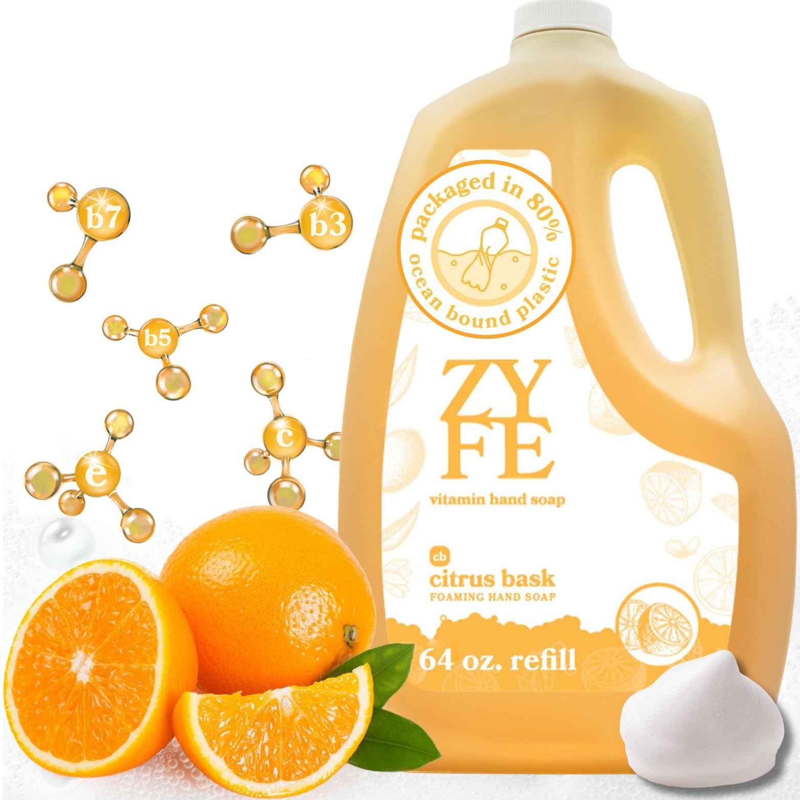 ZYFE Foaming Hand Soap Refills, Half Gallon Hand Soap Foam Refill with Essential Oil Fragrance in Recycled Bottle, Citrus Handwash Refil Biodegradable+